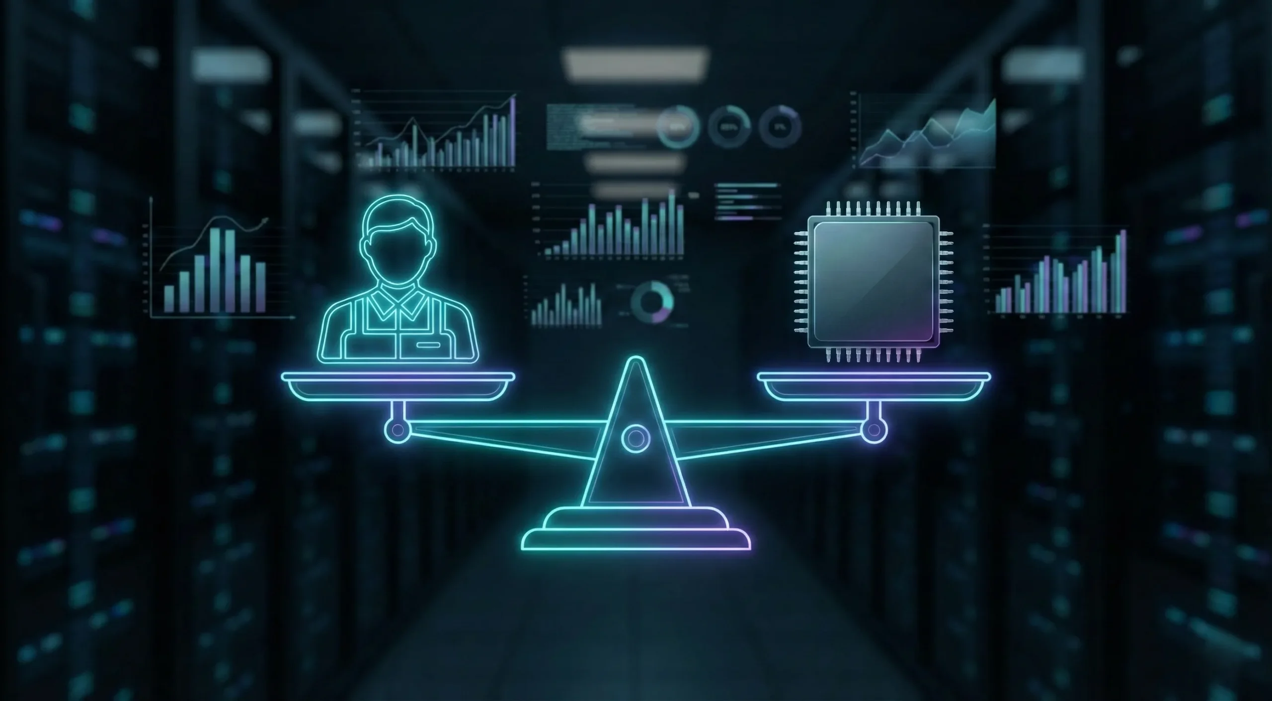 A glowing digital scale balances a human technician icon against a raw server microchip. This visually weighs the high premium of human support against the low raw cost of bare metal hardware.