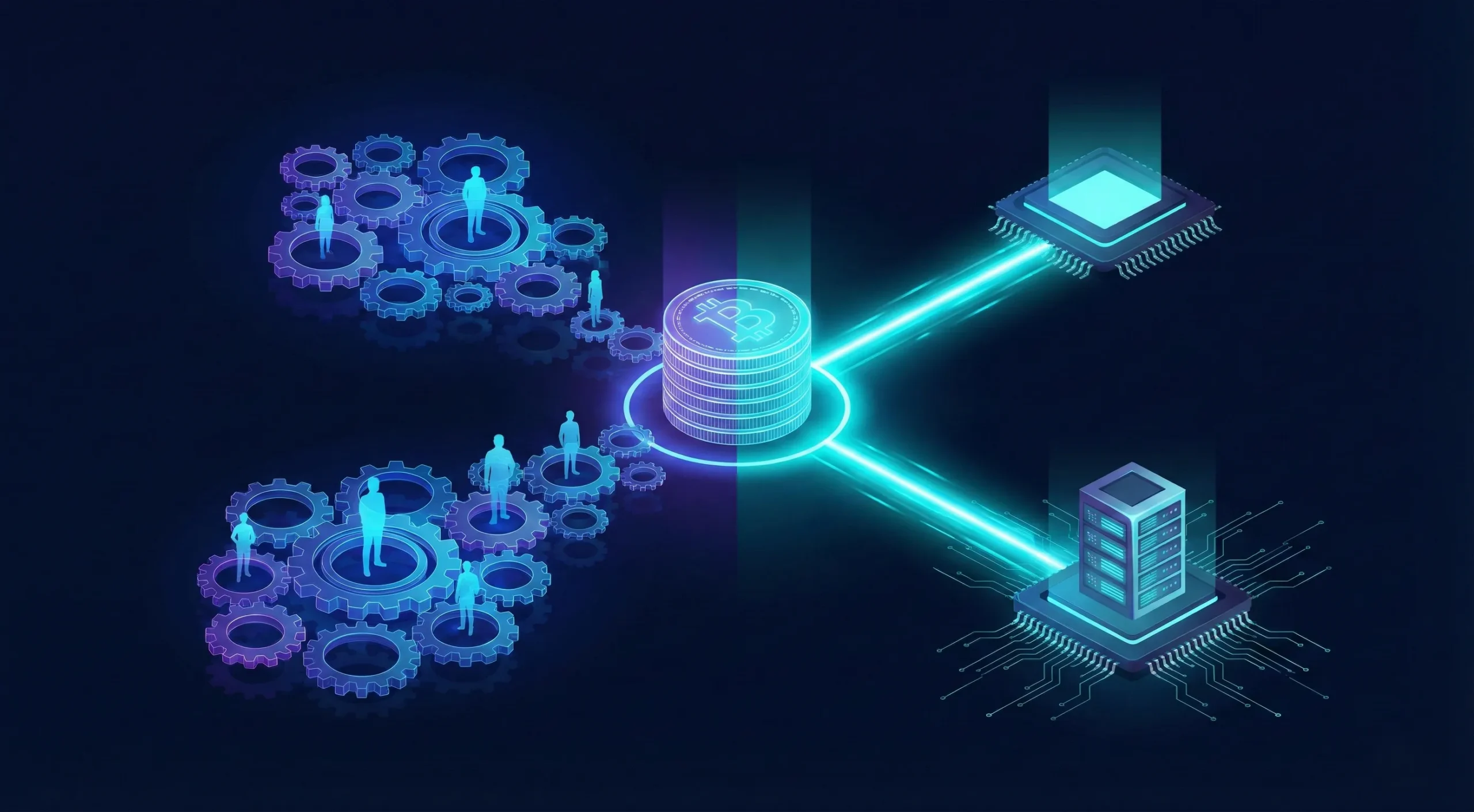 A central stack of coins splits into two paths. One diverts to human silhouettes, representing the management tax, while the direct path feeds a glowing server, illustrating raw hardware savings.