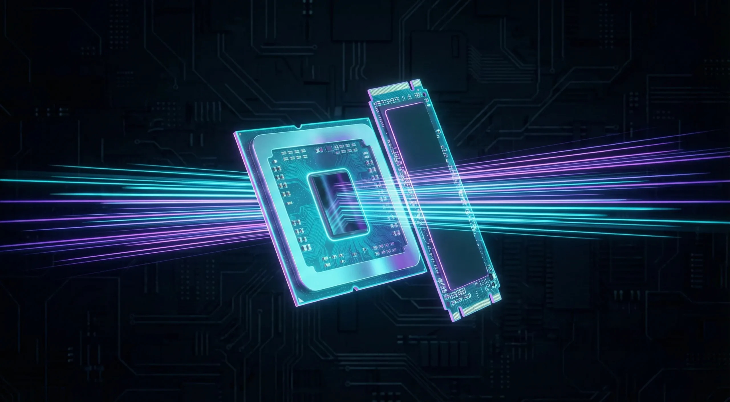 High-speed light beams pass cleanly through a CPU and NVMe storage module. This highlights how unmanaged hardware achieves faster loading speeds by completely avoiding heavy middleware layers and background bloatware.