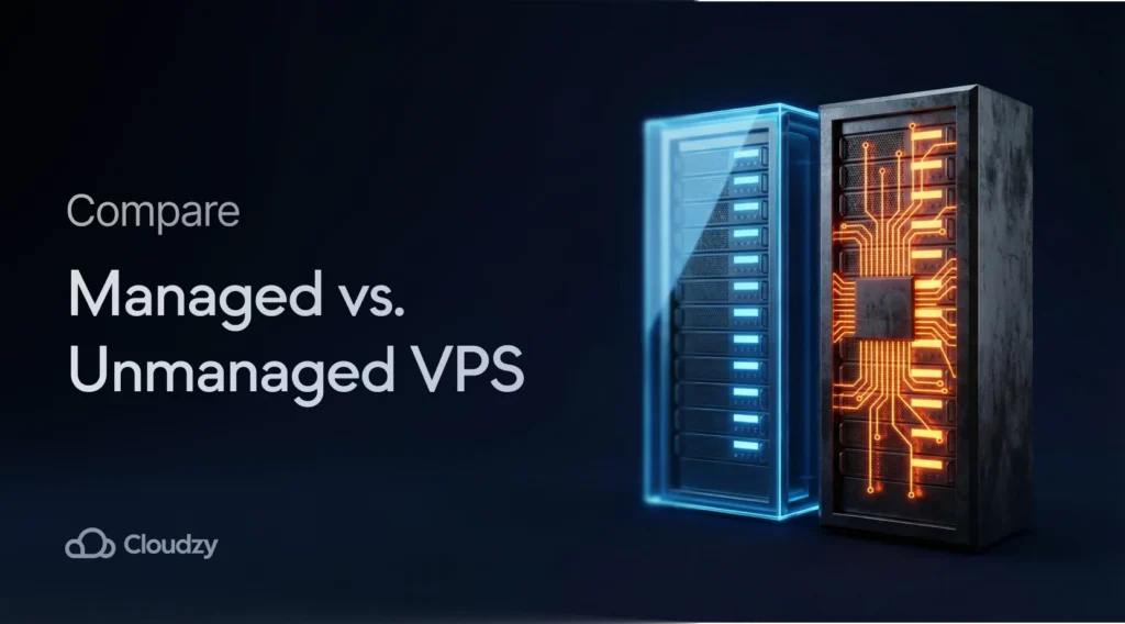 Cloudzy feature graphic comparing "Managed vs. Unmanaged VPS." It uses left-side copy space opposite two right-aligned 3D servers: one in a glowing blue shield, the other featuring exposed orange circuitry.