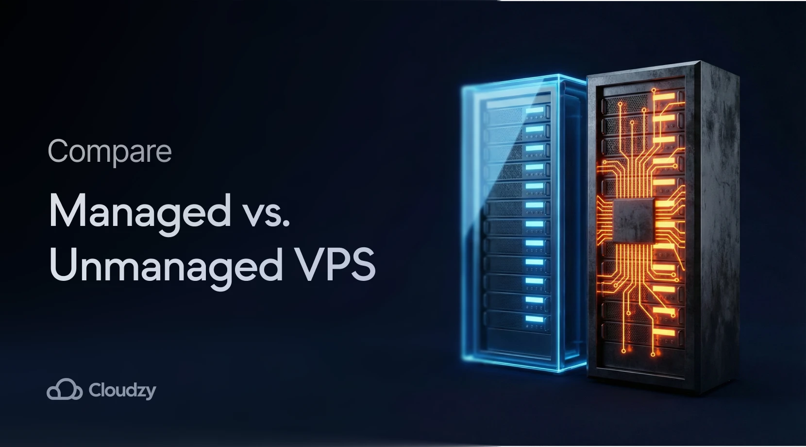 Cloudzy feature graphic comparing "Managed vs. Unmanaged VPS." It uses left-side copy space opposite two right-aligned 3D servers: one in a glowing blue shield, the other featuring exposed orange circuitry.