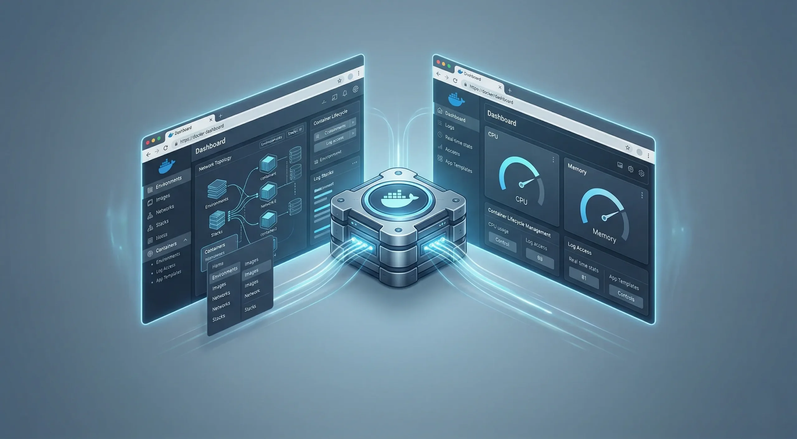 A glowing central Docker cube connected via light streams to two floating dashboard screens displaying network topologies and circular resource metrics.