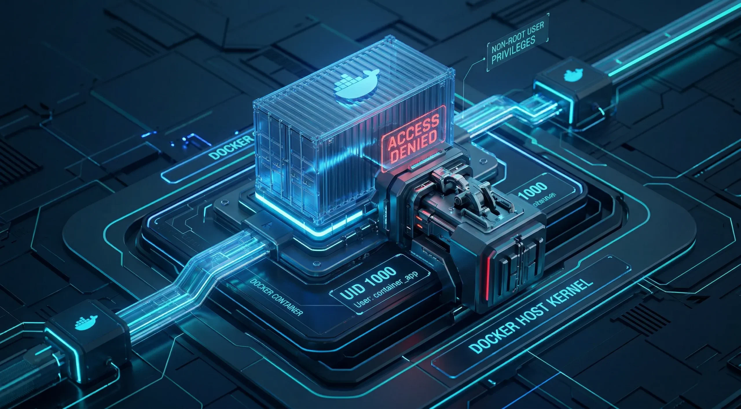 A highly detailed technical visualization showing a Docker container restricted with a red "ACCESS DENIED" lock from the host kernel, enforcing "NON-ROOT USER PRIVILEGES" (UID 1000).