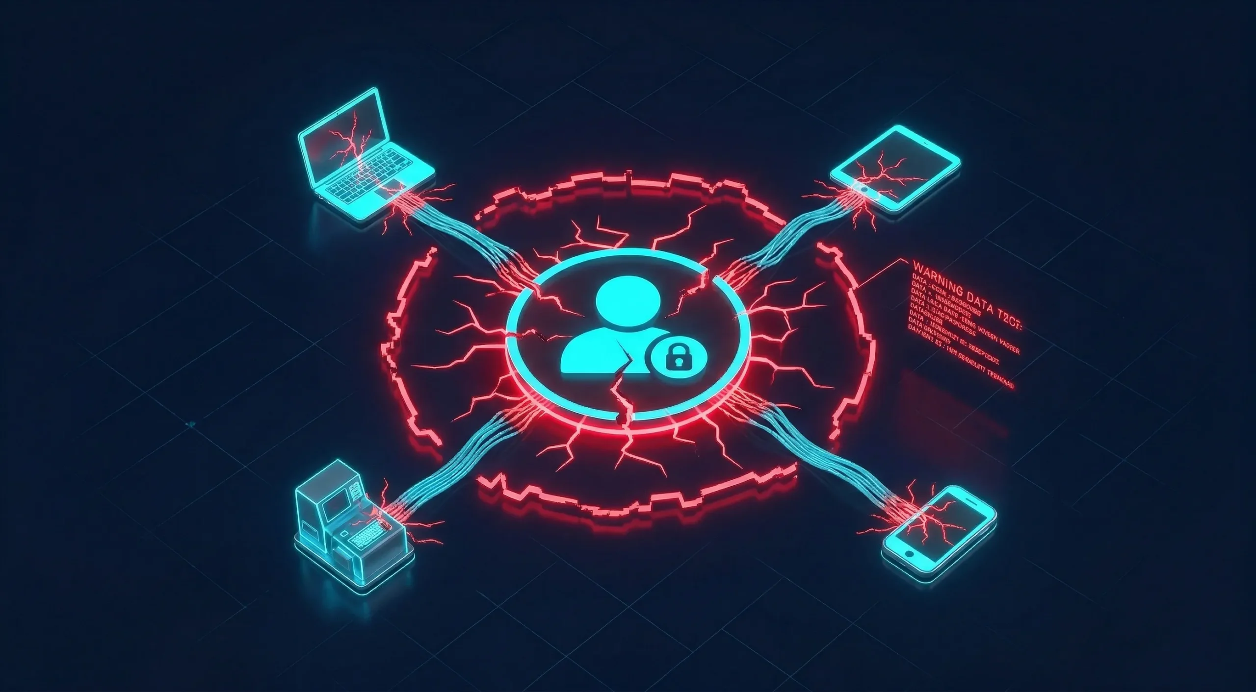 2 1 scaled A glowing cyan user profile surrounded by a cracking red perimeter, tethered to smaller green device icons, illustrating a single vulnerability point.