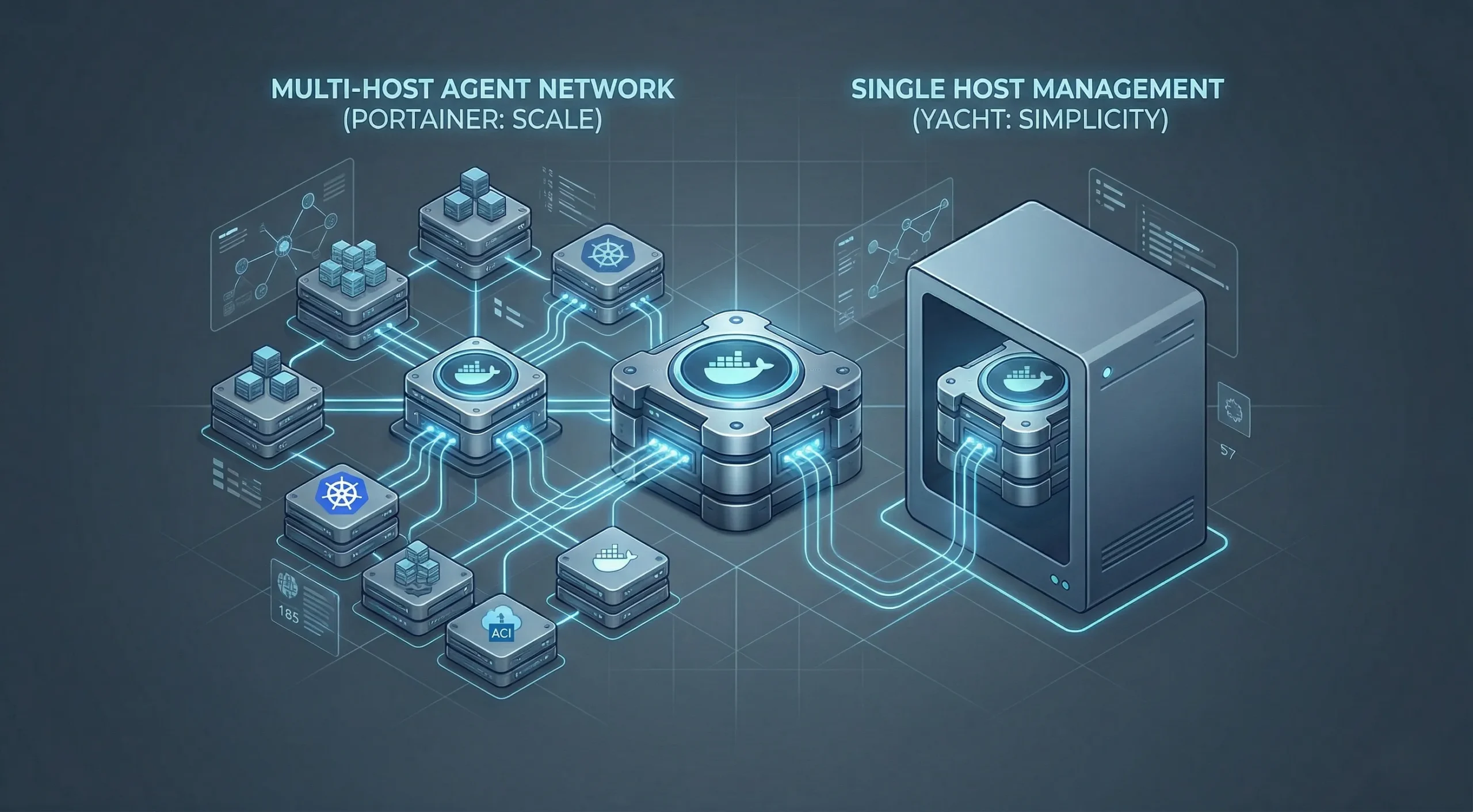 A 3D diagram comparing a complex multi-host network of interconnected nodes on the left to a single, isolated server host on the right.