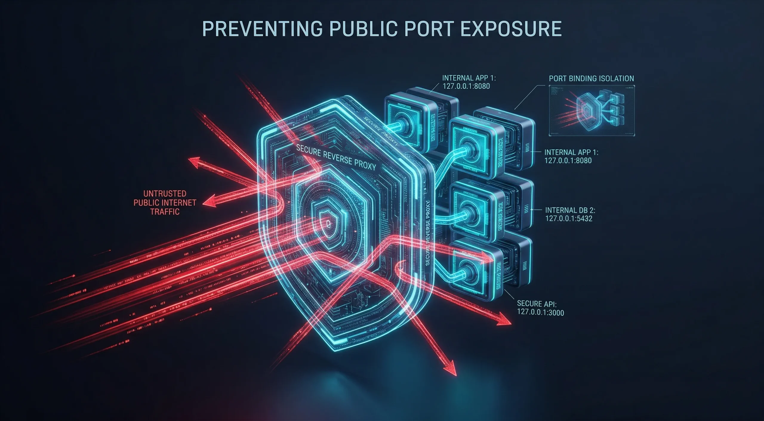 A large, glowing hexagonal shield labeled "SECURE REVERSE PROXY" deflects red, untrusted traffic while isolating specific internal loopback port bindings.