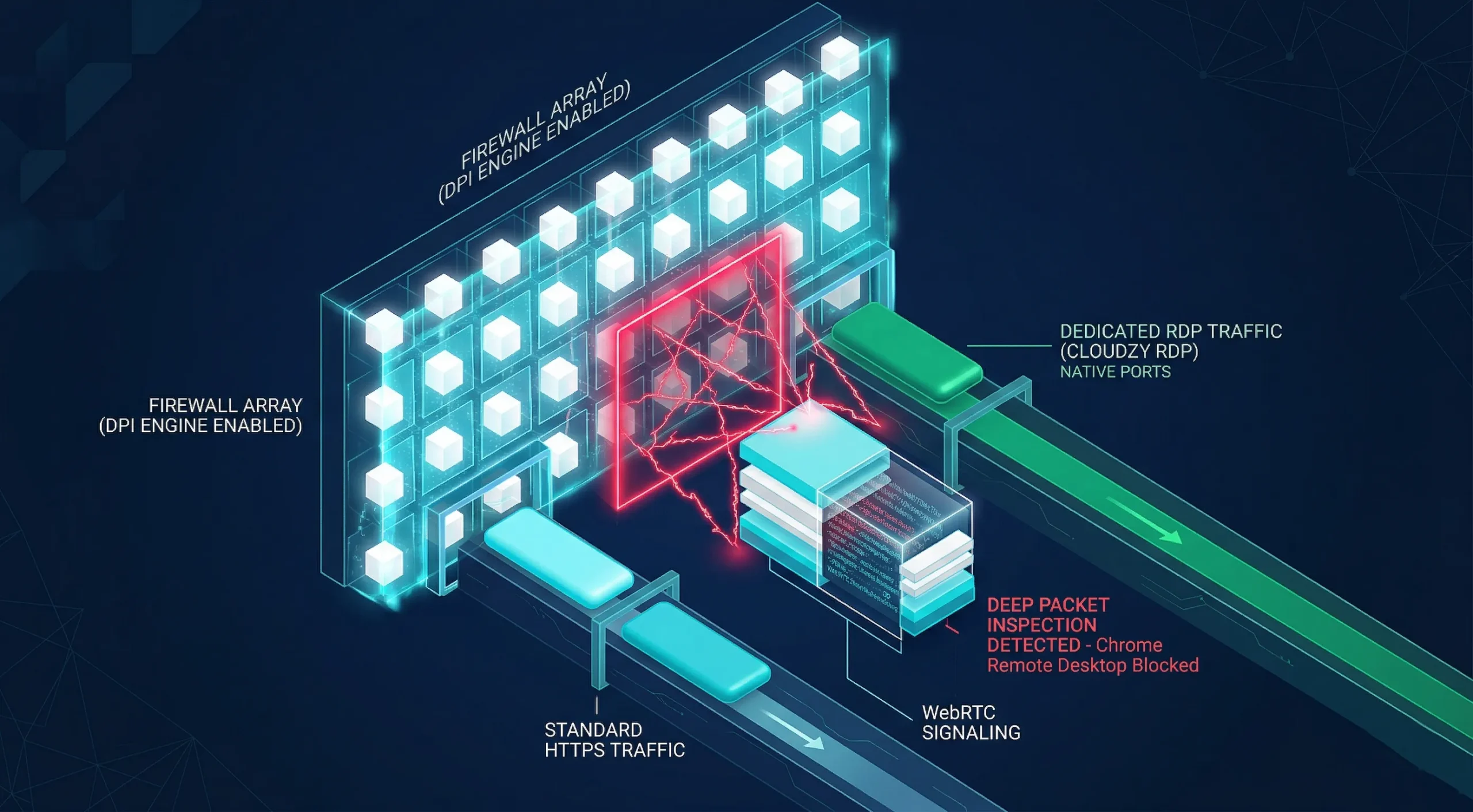 3 1 scaled A cyan HTTPS packet containing a red data core being blocked by a glowing white and green firewall grid scanning network traffic.