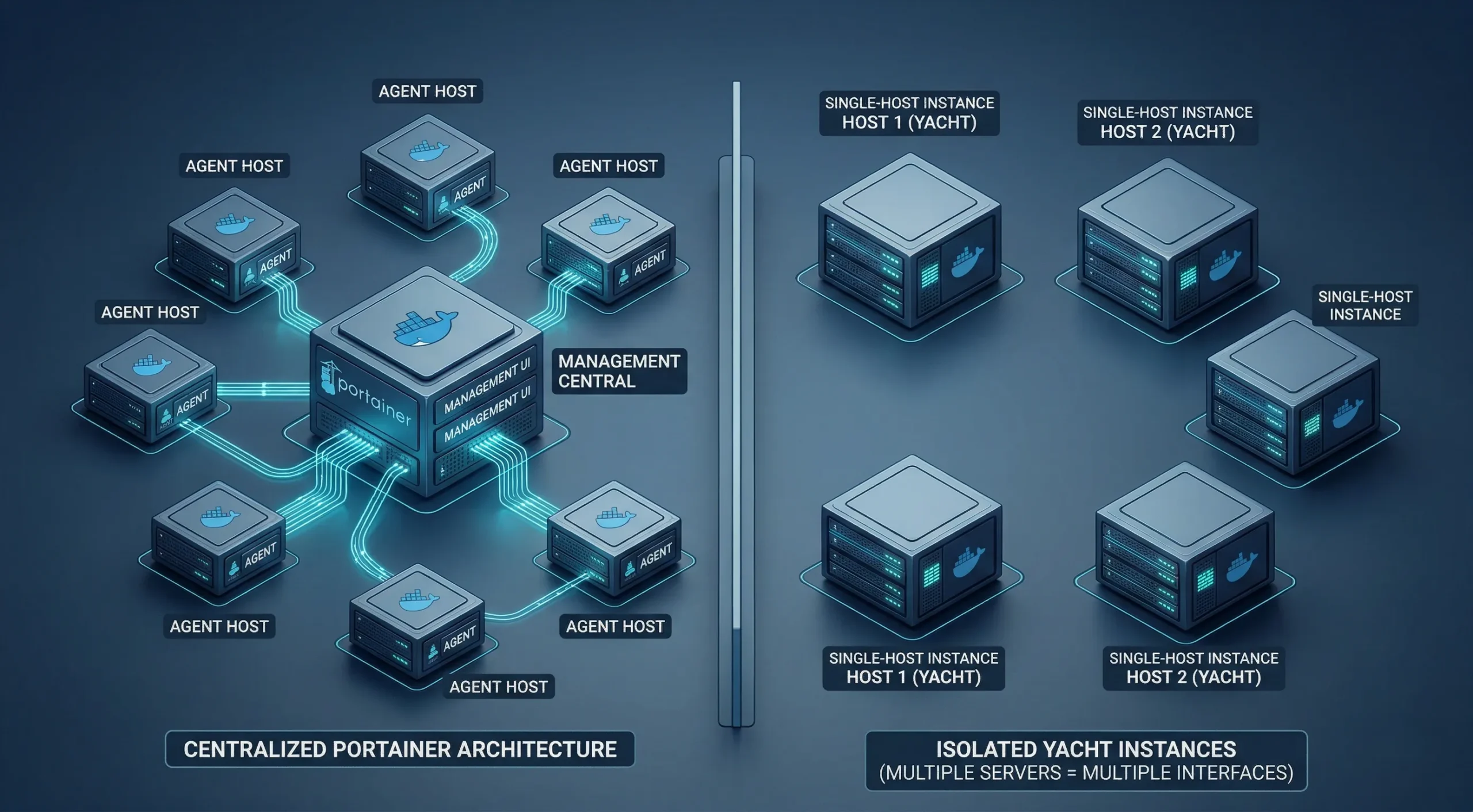 A central management server connected to multiple remote agent hosts on the left, contrasted with completely disconnected, standalone single-host instances on the right.