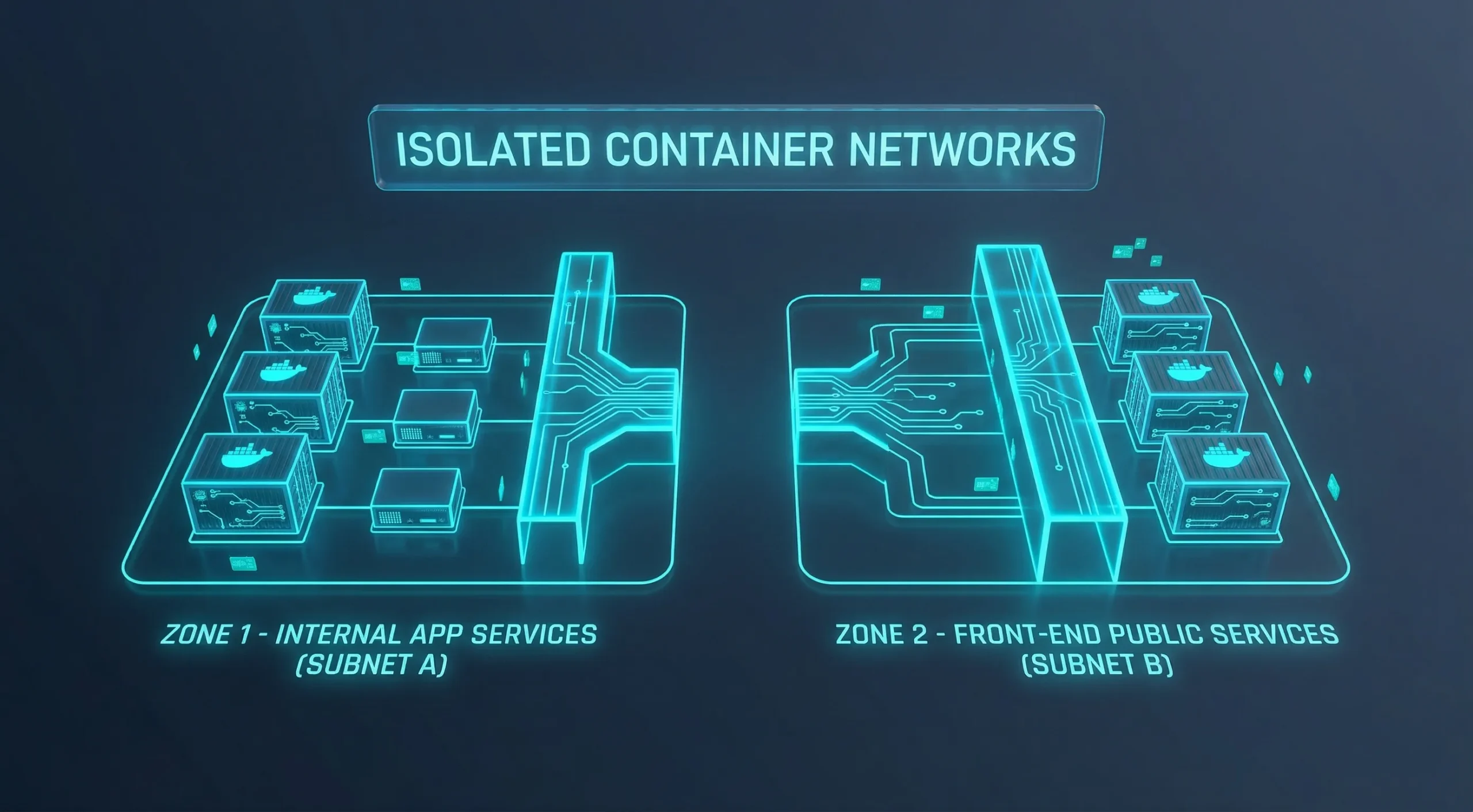 A technical illustration of "ISOLATED CONTAINER NETWORKS" showing clear physical and virtual separation between two specific network zones (Subnet A and Subnet B).