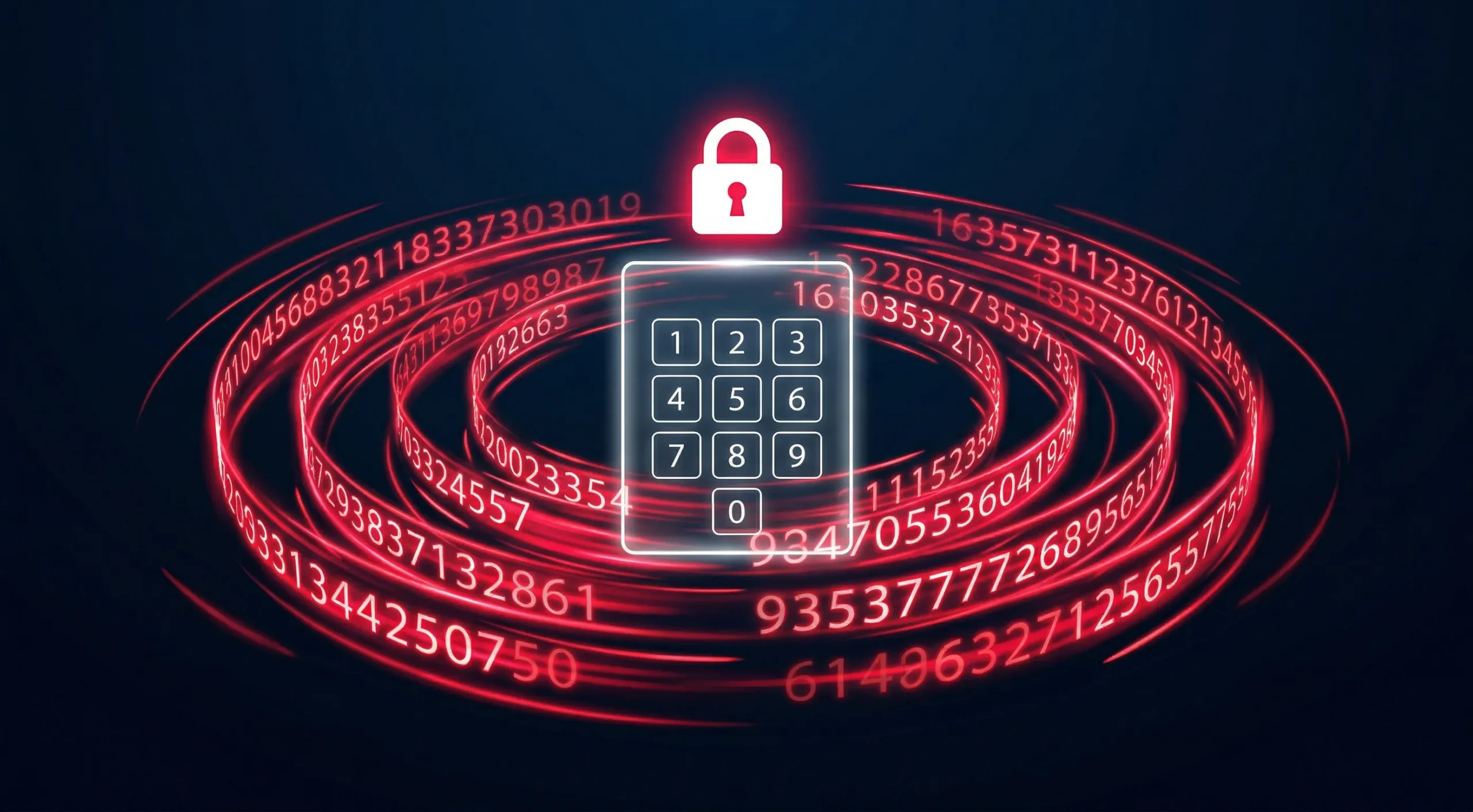 4 1 scaled Holographic number pad surrounded by rapidly spinning red numbers simulating a brute-force attack, with a white 'Access Denied' lock icon above.