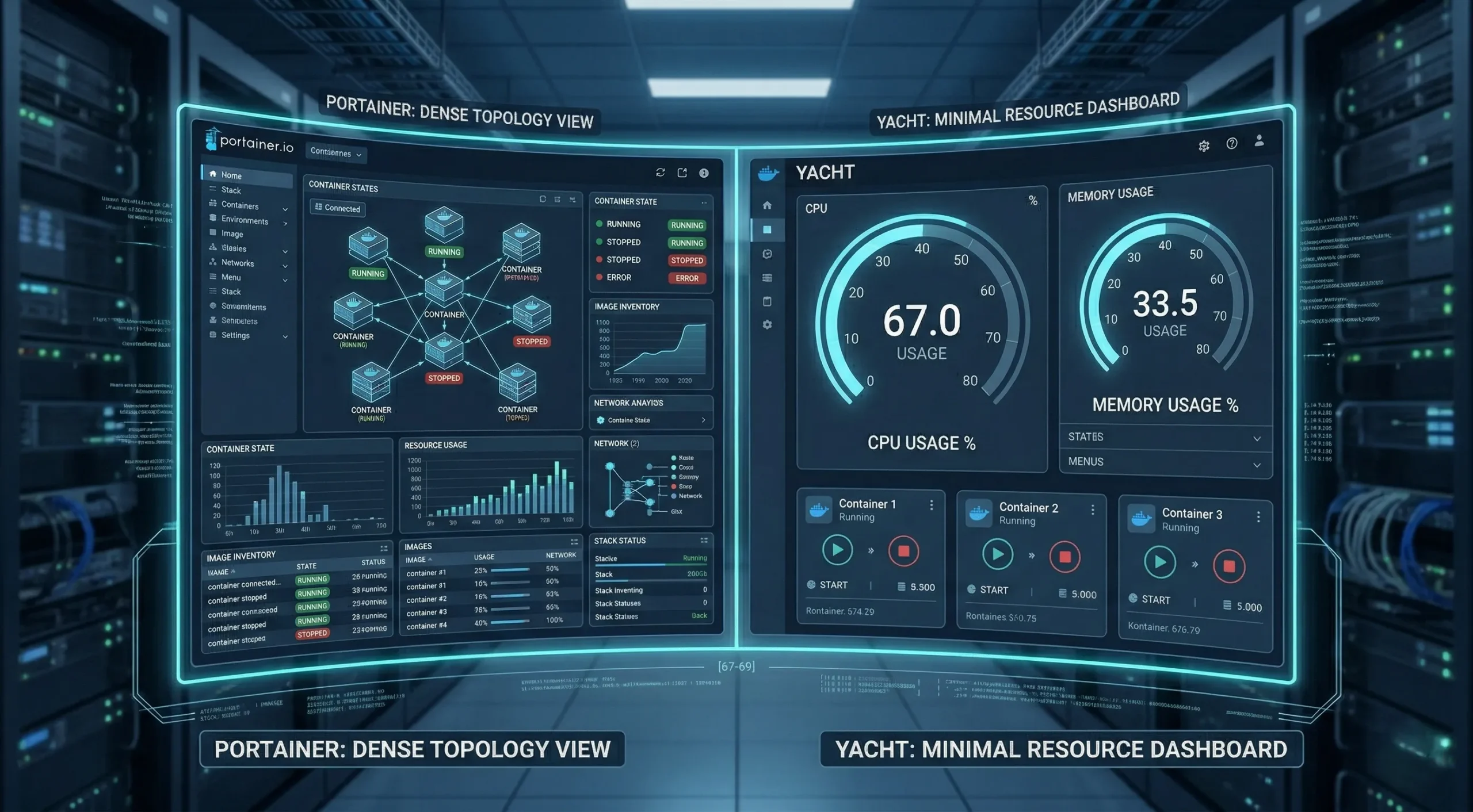 A curved split-screen displaying a complex, dense container topology graph on the left and minimal, large circular CPU and memory gauges on the right.