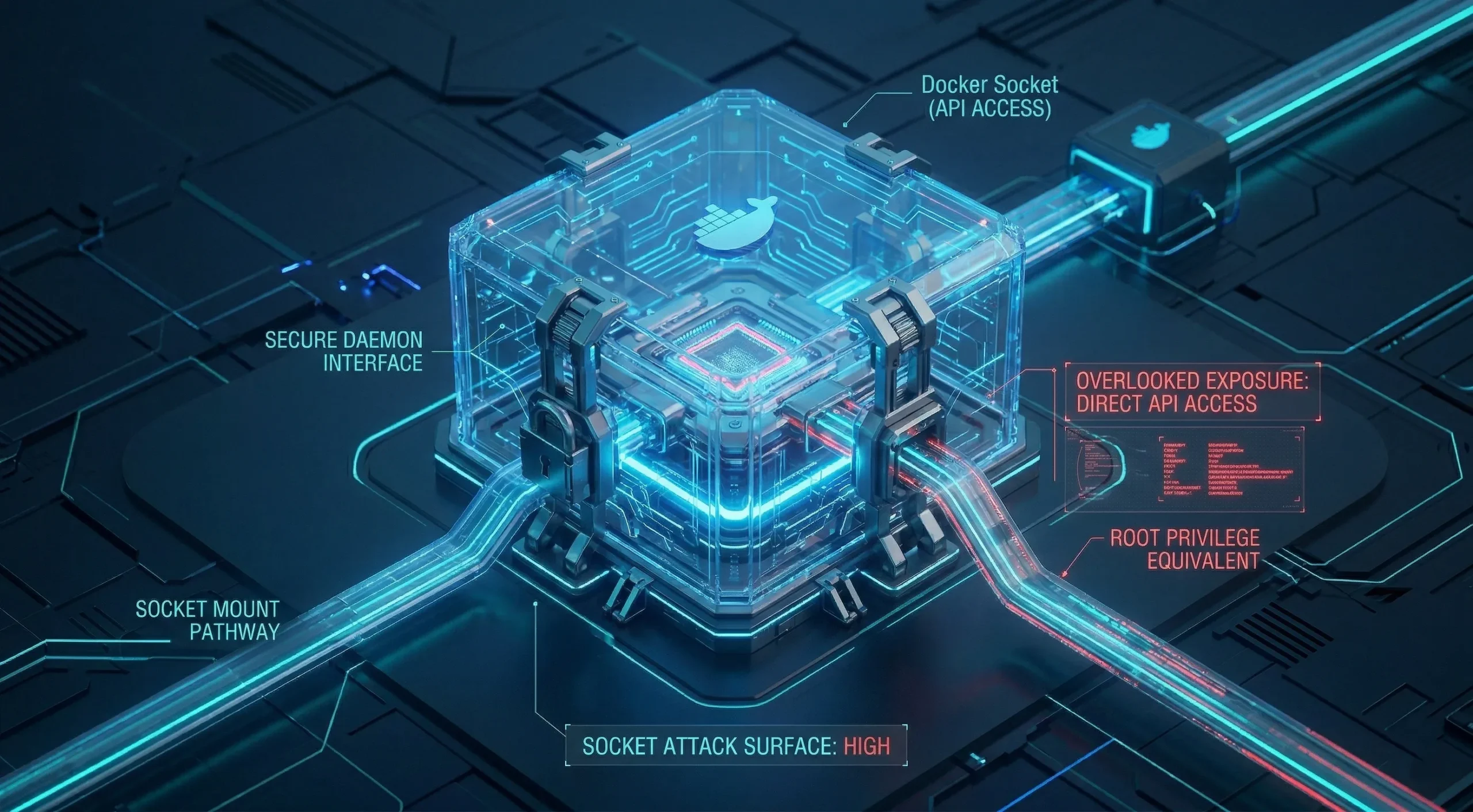 A visualization showing the "Docker Socket" (API access) heavily vault-protected, but compromised by a specific "SOCKET MOUNT PATHWAY" labeled equivalent to "ROOT PRIVILEGE".