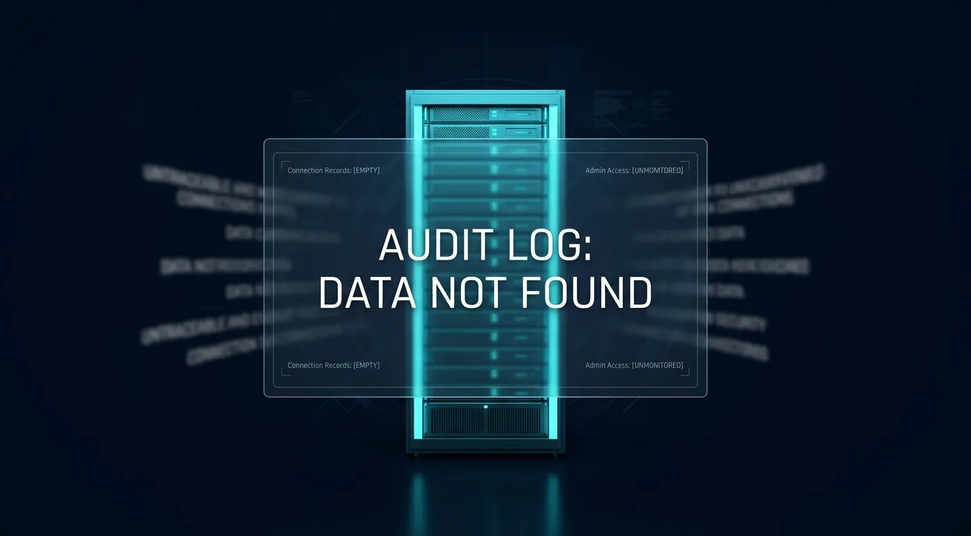 5 1 Audit log visualization showing server with glowing cyan lights and message 'Audit Log: Data Not Found,' depicting unmonitored connection records and admin access.