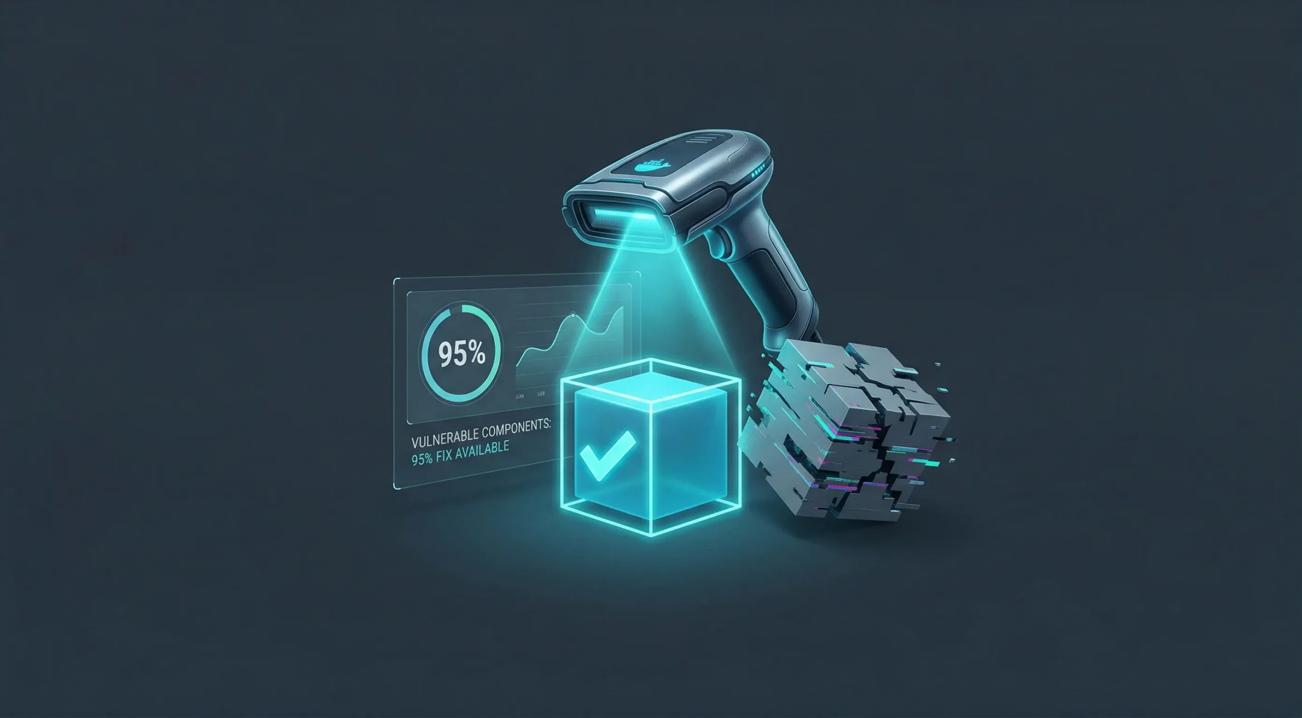 A digital scanner validating an "Official Image" while simultaneously rejecting a glitching "UNTRUSTED OR OUTDATED IMAGE" block, supported by a "95% FIX AVAILABLE" data chart.