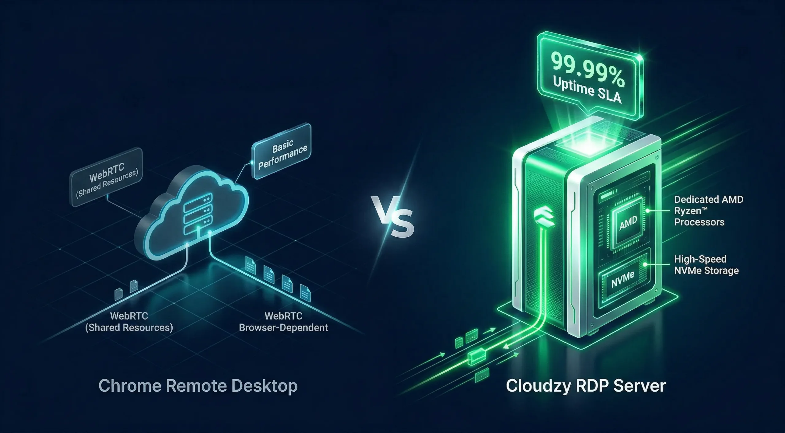 6 1 scaled A side-by-side comparison showing a basic, dim cyan cloud node versus a massive, glowing emerald green high-performance server tower representing Cloudzy.
