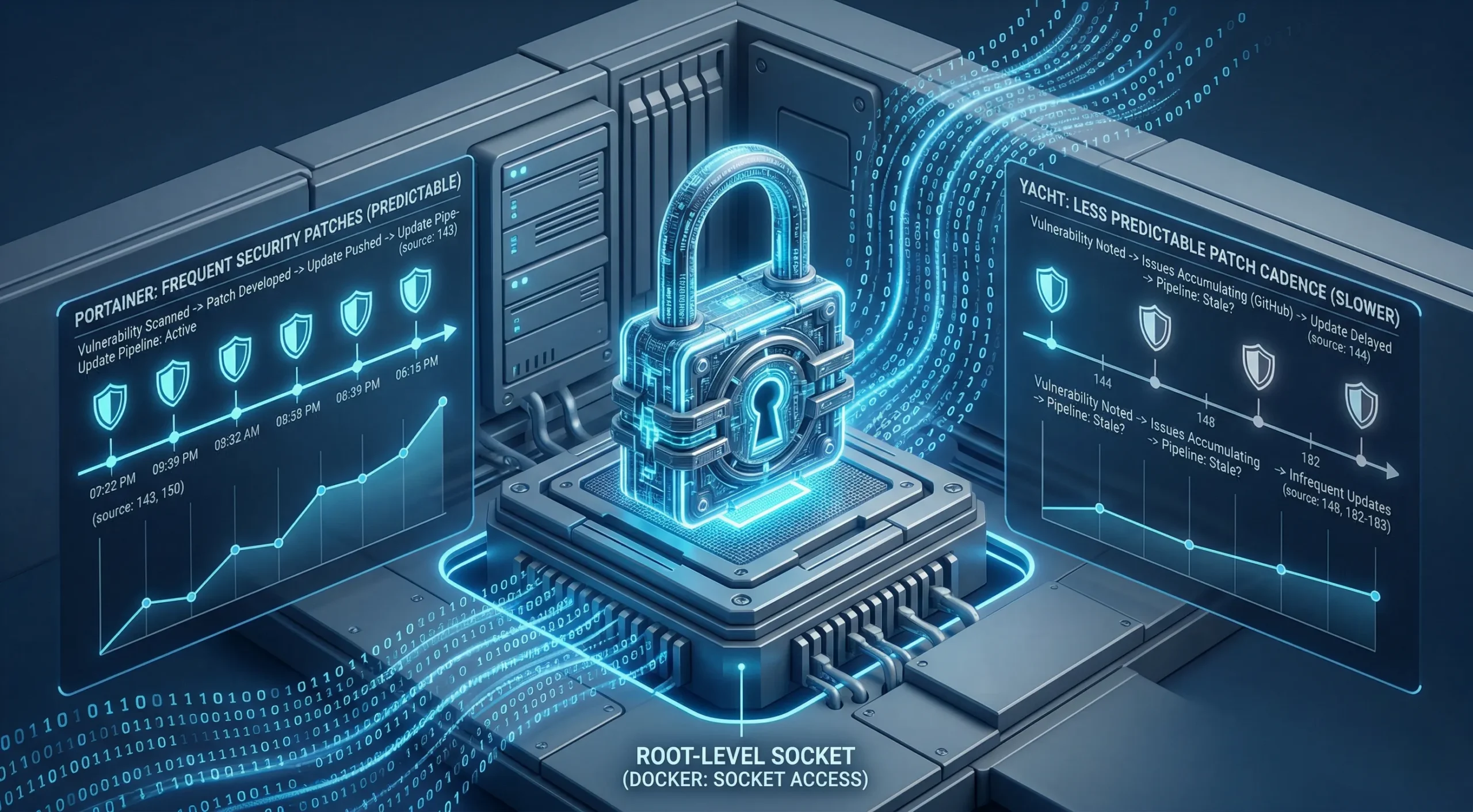 A glowing digital padlock securing a central processor socket, flanked by holographic data panels comparing security patch frequencies and update pipelines.