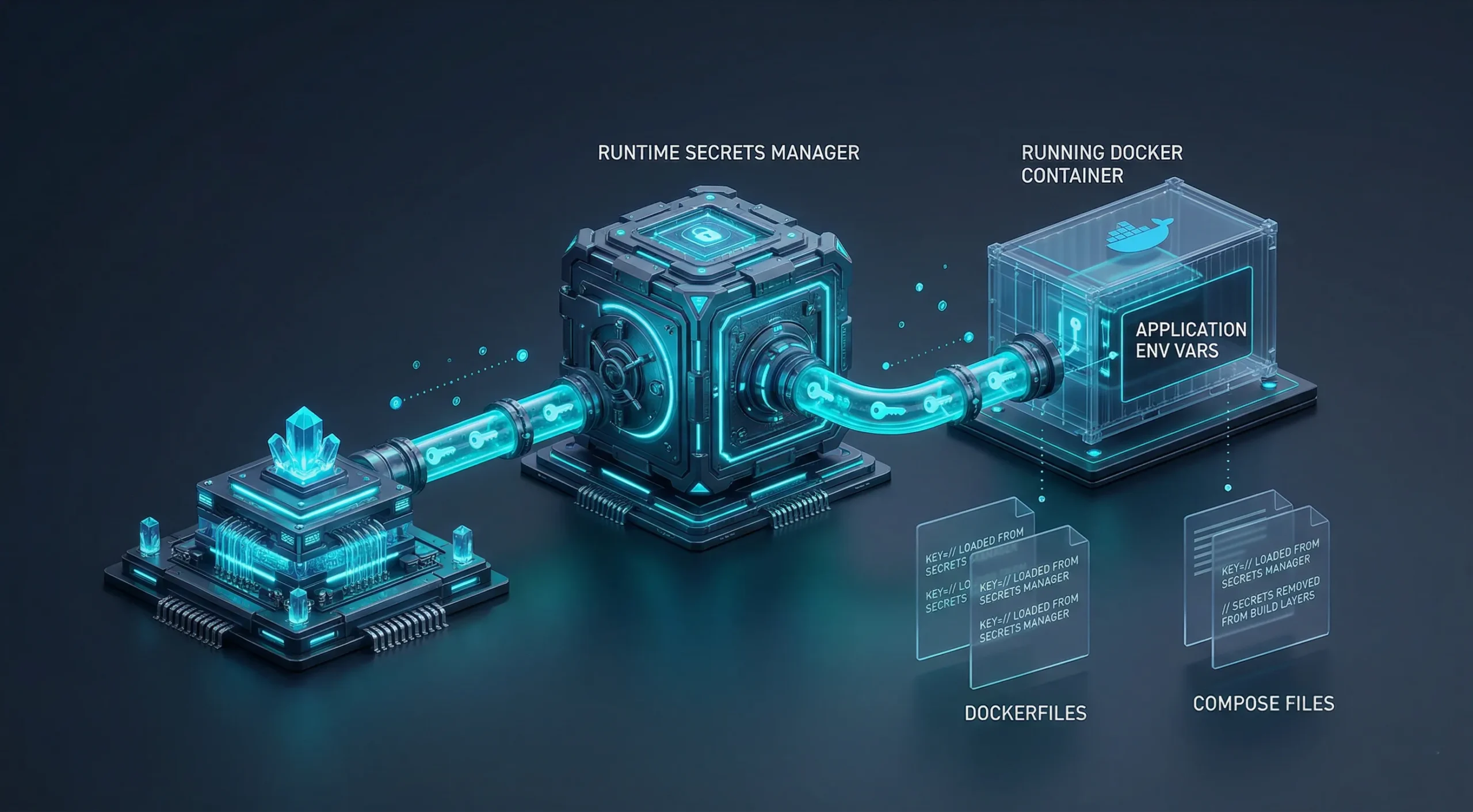 A photorealistic 3D visualization of a central "RUNTIME SECRETS MANAGER" vault injecting cryptographic keys via a pipeline, ensuring "SECRETS REMOVED FROM BUILD LAYERS".