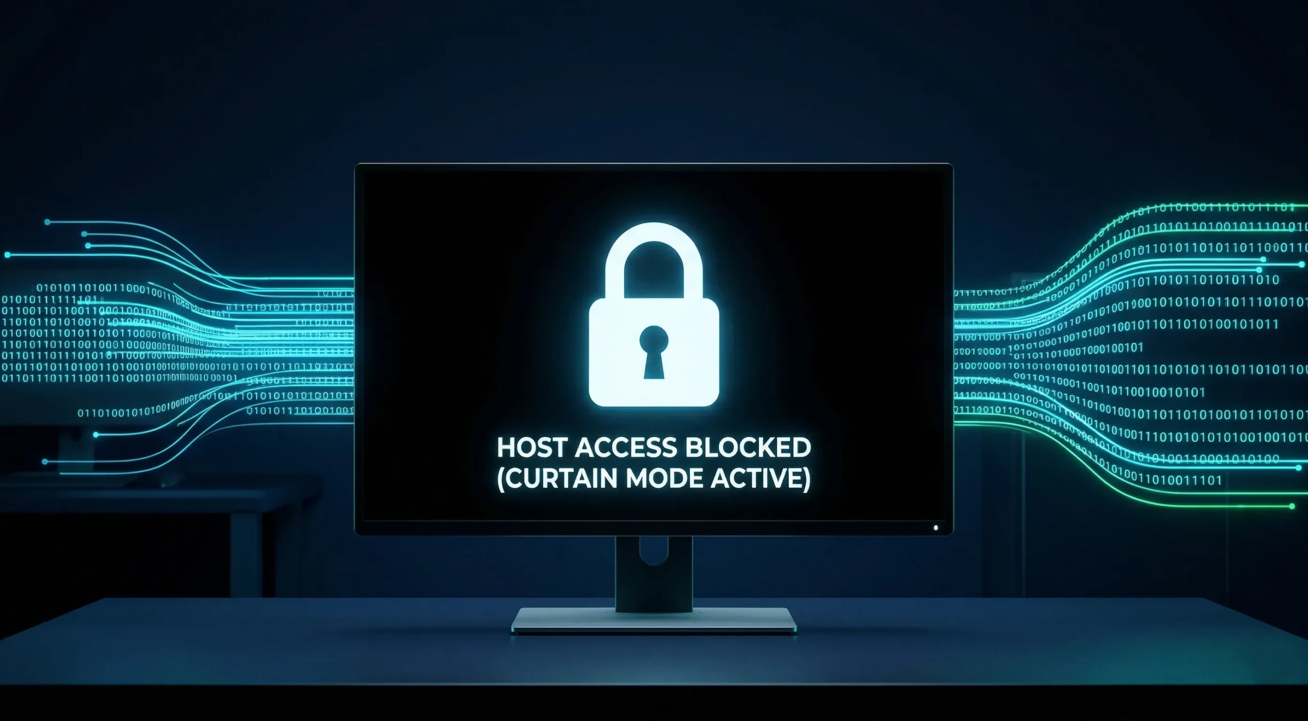 7 1 scaled A computer monitor displaying a solid white lock icon on a dark screen, with cyan data strings flowing silently into the PC case.