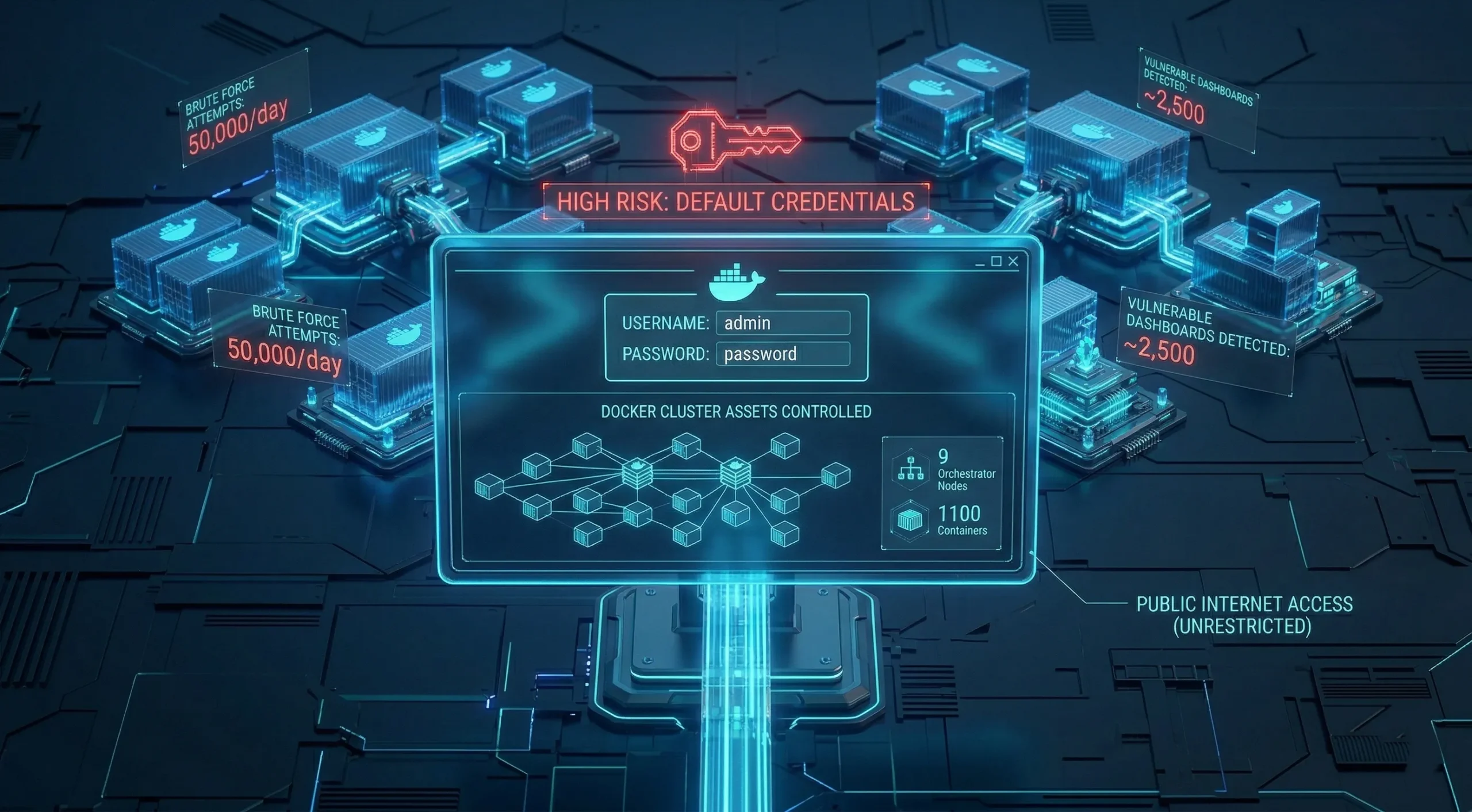 A visualization of an unshielded management console (9 nodes, 1100 containers) showing "DEFAULT CREDENTIALS" leading directly to unrestricted "PUBLIC INTERNET ACCESS".
