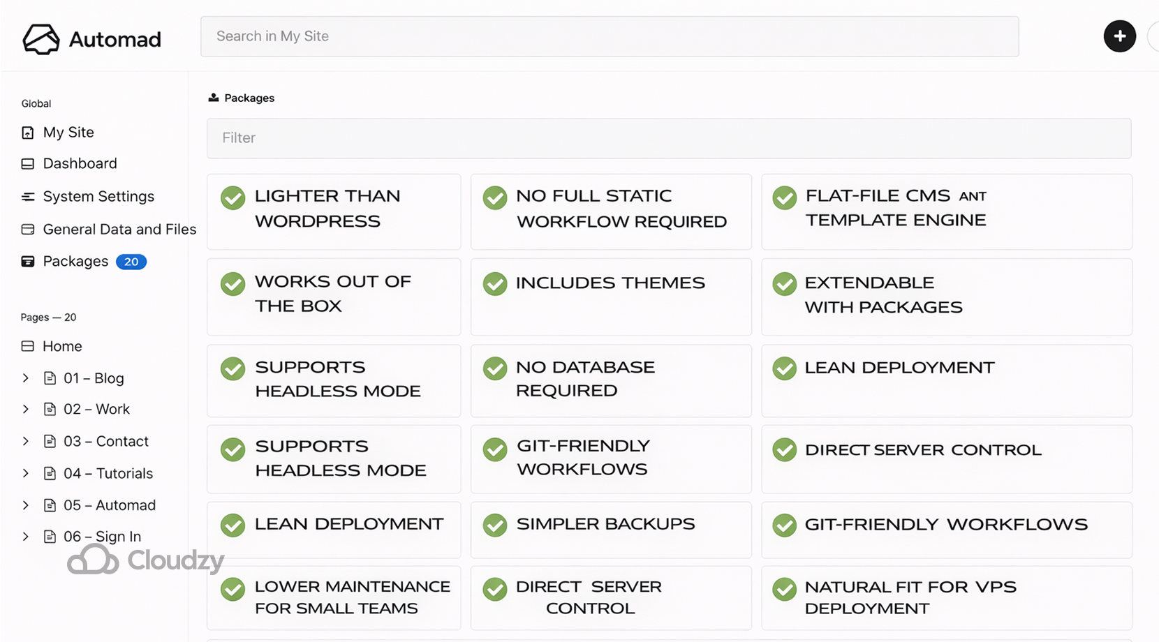 Open-source WordPress alternatives Automad dashboard showing package management, site pages, and benefits like lighter than WordPress, no database required, lean deployment, and Git-friendly workflows.