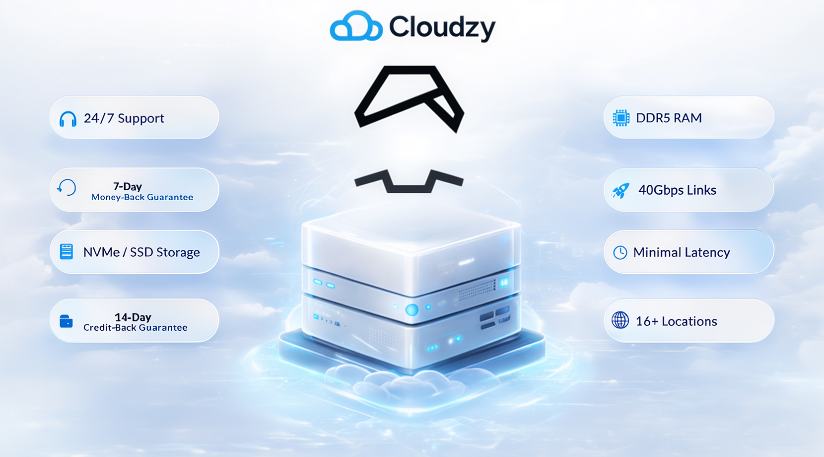 Automad vs. WordPress, Cloudzy Automad VPS graphic showing the Automad logo above a glowing server stack with support, NVMe SSD storage, DDR5 RAM, 40Gbps links, minimal latency, and 16+ locations.