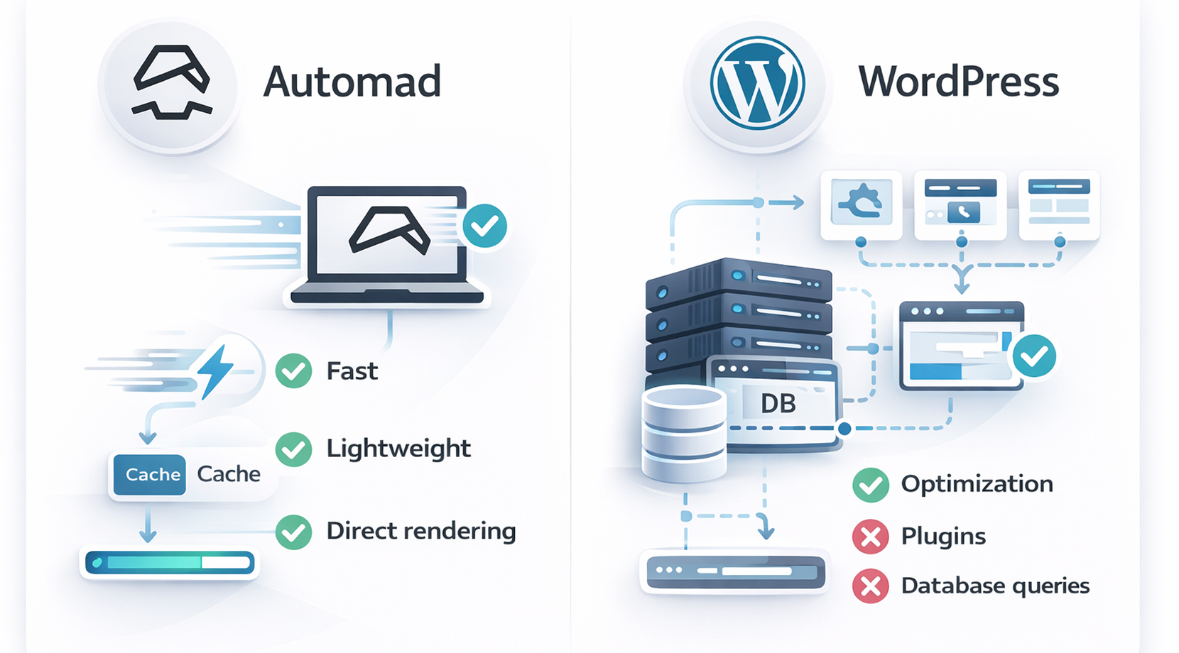 Automad vs. WordPress performance graphic showing Automad as fast, lightweight, and direct-rendered, while WordPress depends more on optimization, plugins, and database queries.