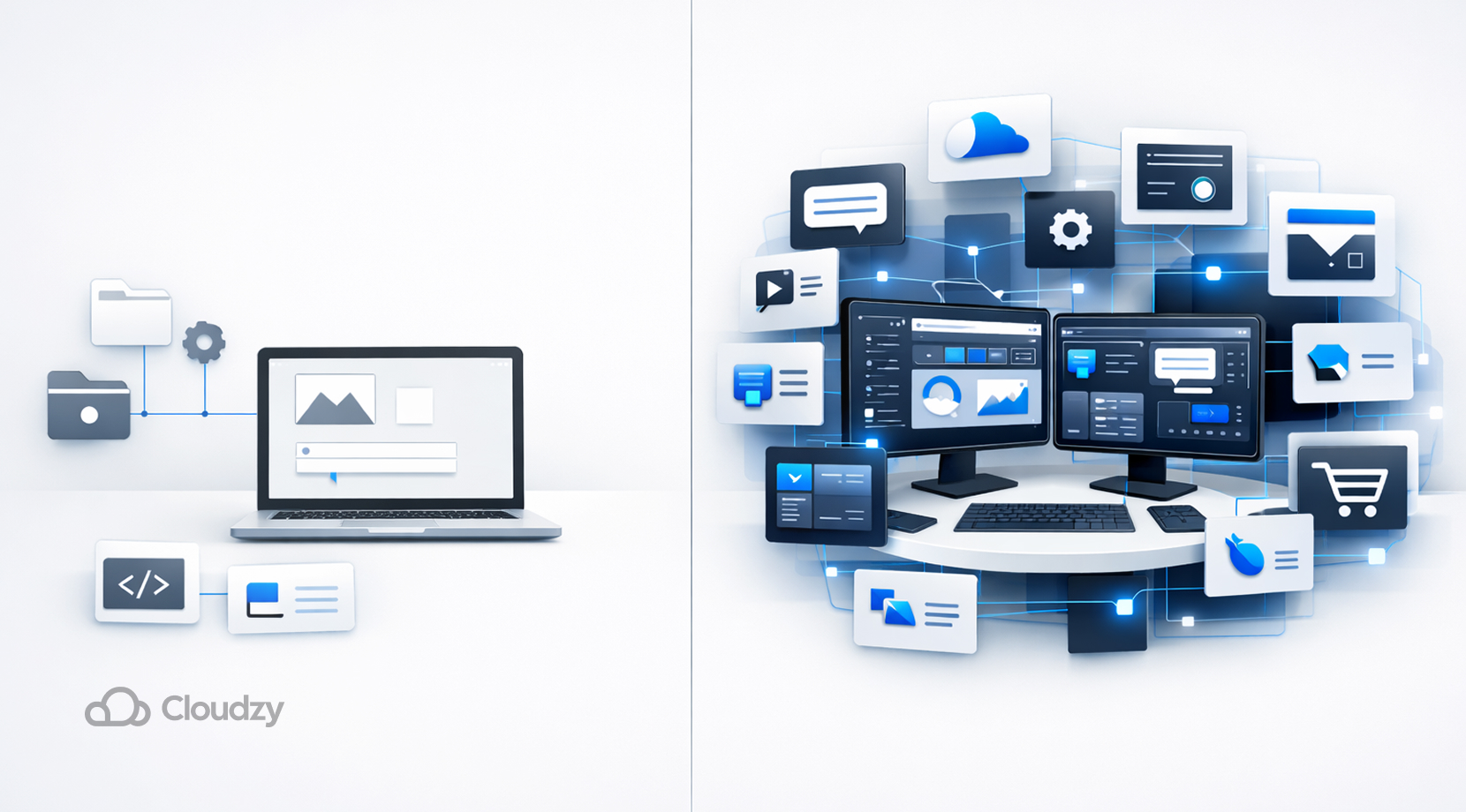 Automad vs. WordPress comparison graphic showing a simpler file-based editing workflow on the left and a larger plugin-heavy customization ecosystem on the right.