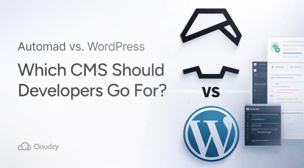 Automad vs. WordPress feature image with both platform logos and a headline asking which CMS developers should choose.