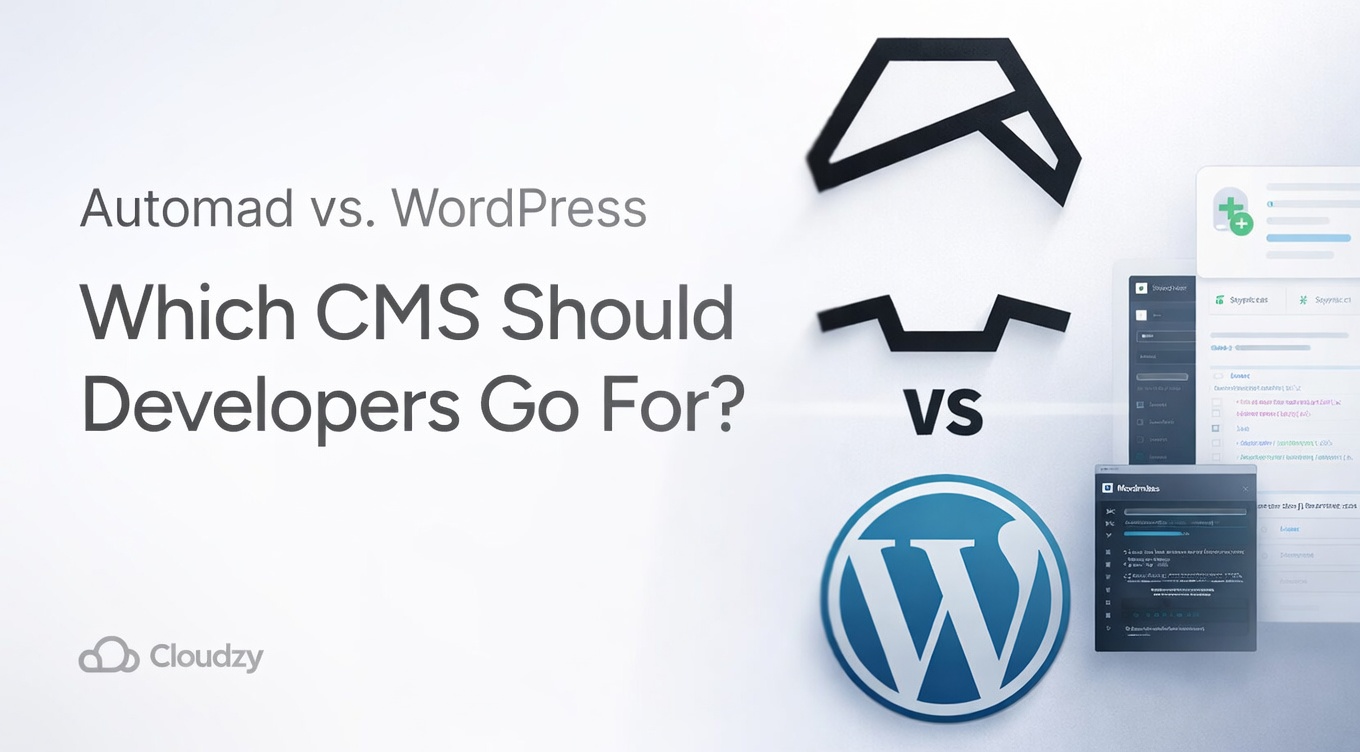 Automad vs. WordPress feature image with both platform logos and a headline asking which CMS developers should choose.