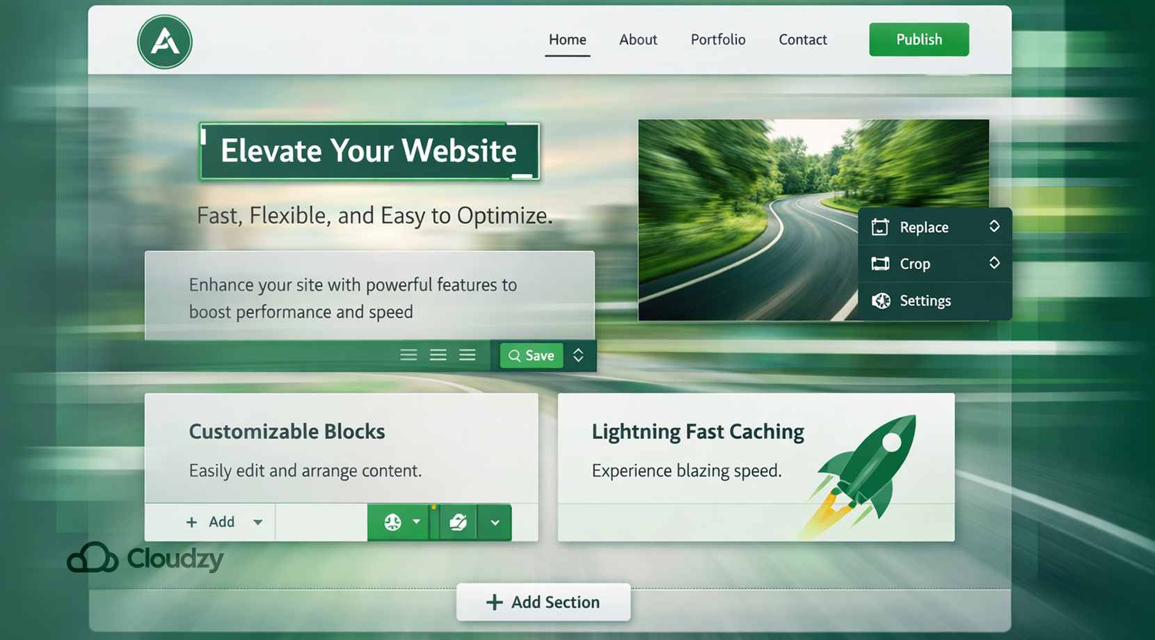 best flat-file CMS Automad website builder interface showing editable homepage sections, block-based layout controls, media replacement tools, customizable blocks, and caching-focused optimization features.