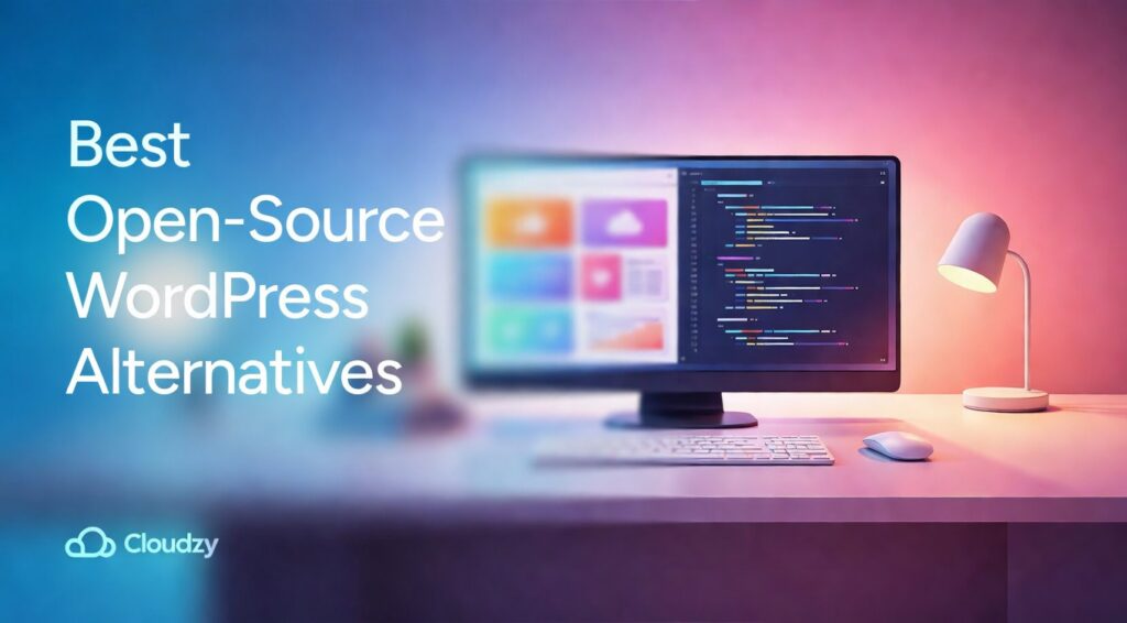 Open-source WordPress alternatives feature image with colorful gradient background, desktop monitor, code editor, blurred dashboard preview, and large headline text on the left.