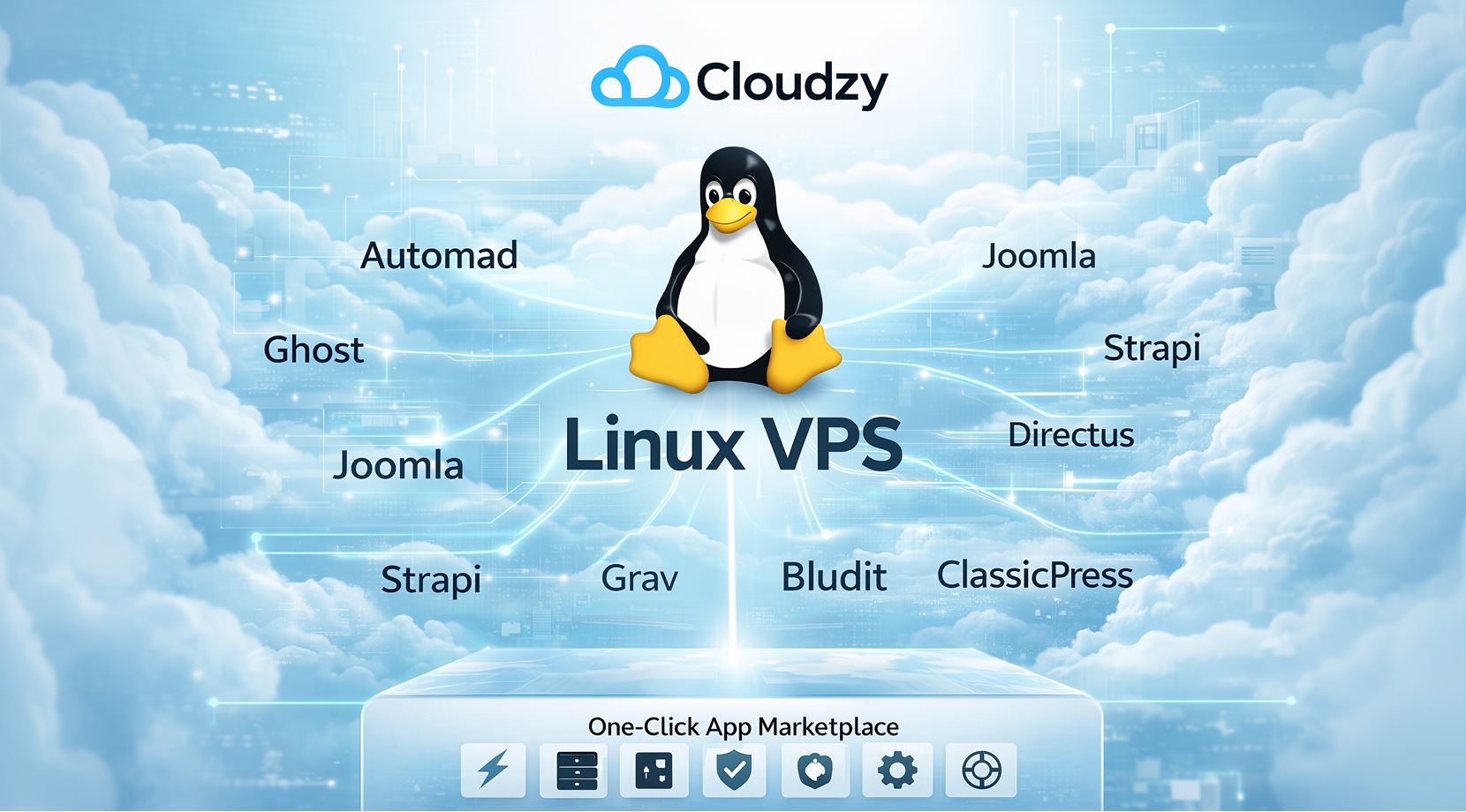 Open-source WordPress alternatives Linux VPS graphic showing Tux above a one-click app marketplace connected to platforms like Automad, Ghost, Joomla, Strapi, Directus, Grav, Bludit, and ClassicPress.