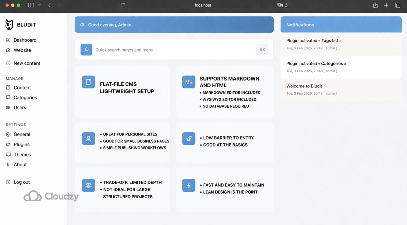 Open-source WordPress alternatives Bludit dashboard showing lightweight flat-file CMS features, Markdown and HTML support, no database requirement, simple publishing workflows, and plugin notifications.