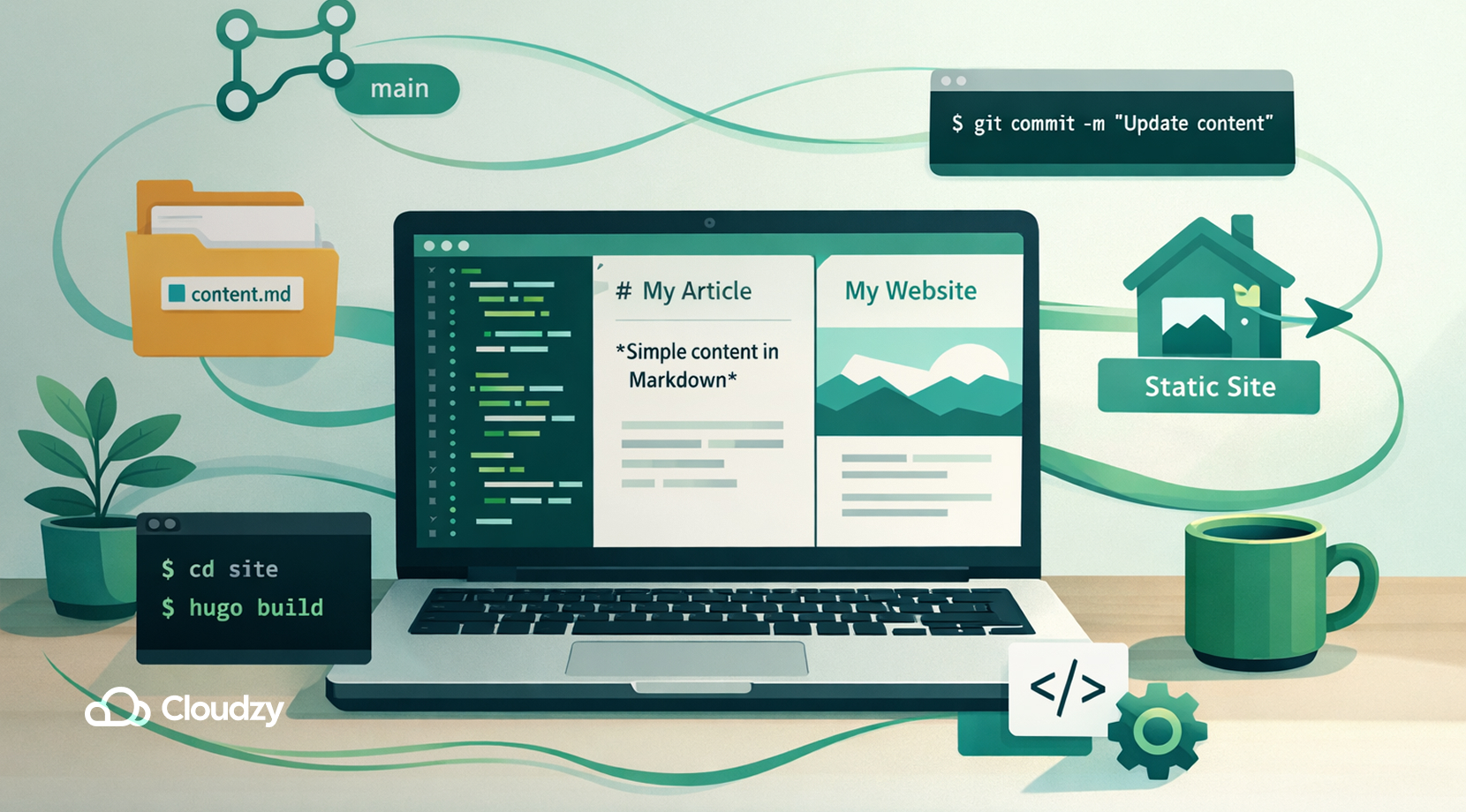 best flat-file CMS developer workflow illustration showing Markdown files, Git commits, terminal commands, and static site generation on a laptop connected to a published website.