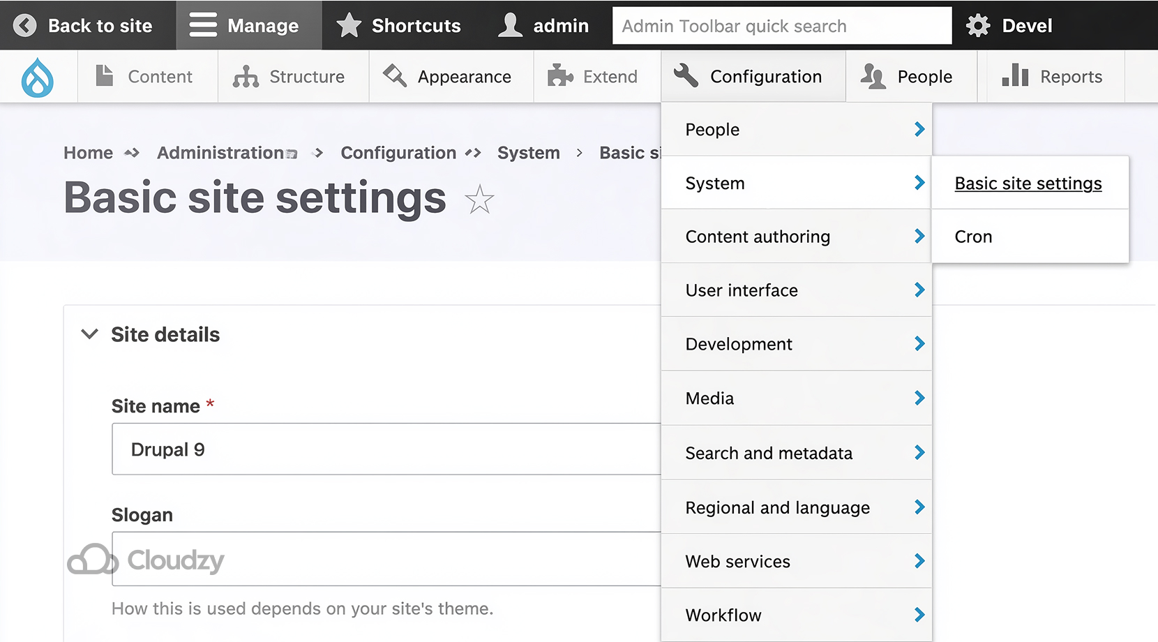 Open-source WordPress alternatives Drupal admin settings screen showing basic site settings, configuration menus, workflow options, and a traditional enterprise-focused interface for managing site details and system behavior.