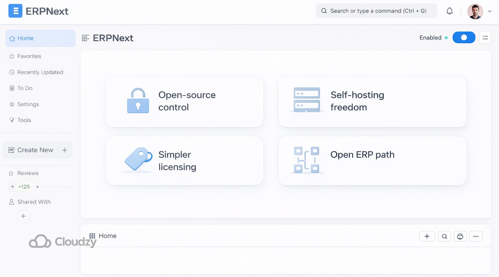 Odoo review comparison graphic showing ERPNext homepage UI with feature cards for open-source control, self-hosting freedom, simpler licensing, and an open ERP path.
