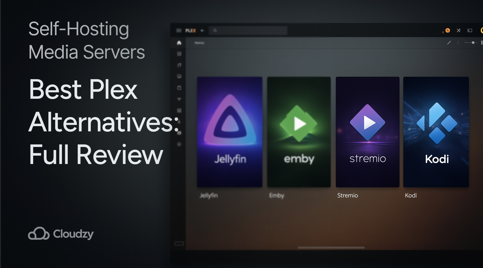 “Best Plex Alternatives” hero with Jellyfin, Emby, Stremio, and Kodi tiles, a quick guide to plex alternatives.