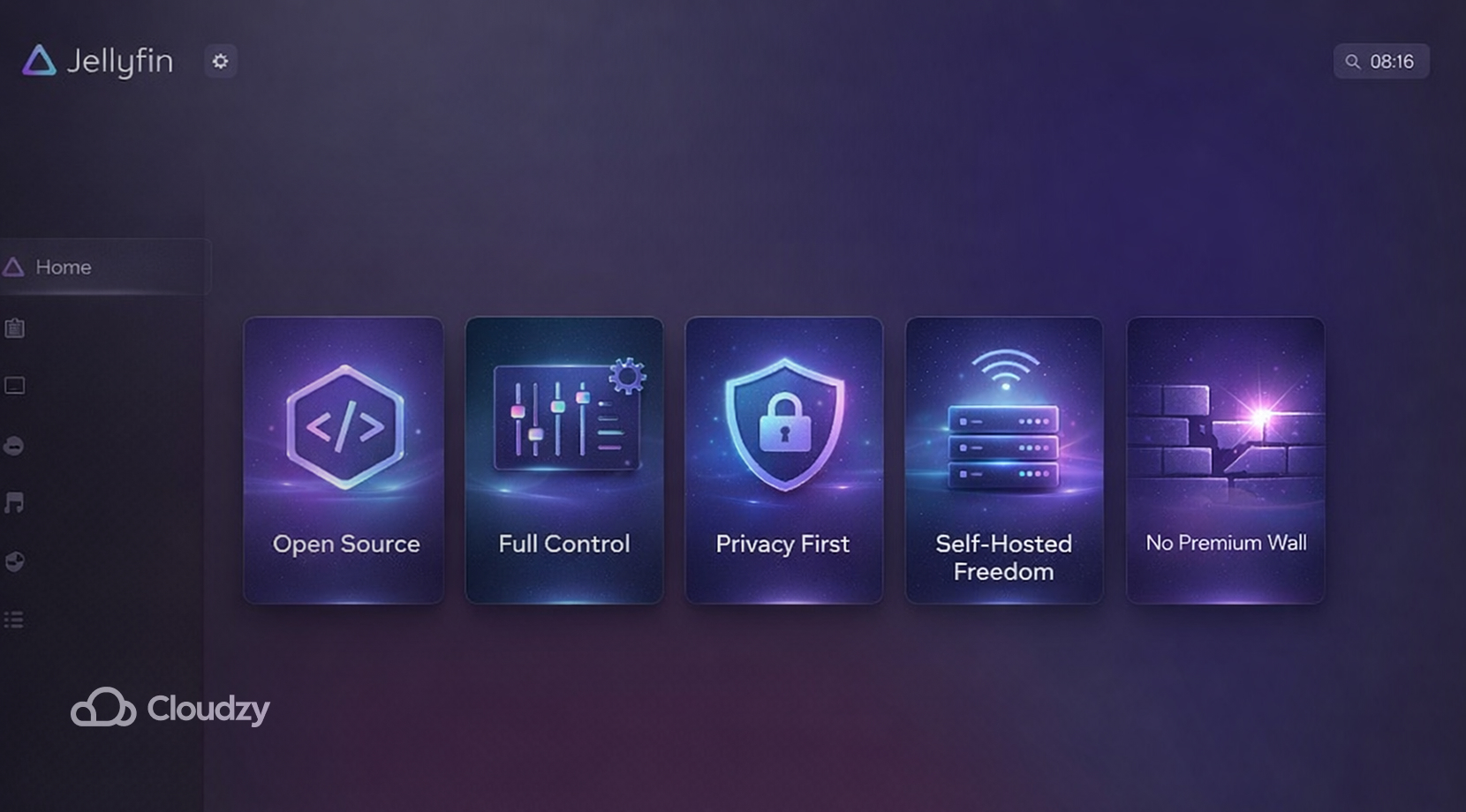 Feature Image 2026 03 26T164703.522 Jellyfin dashboard cards like Open Source and Privacy First, highlighted as an open source plex alternative.