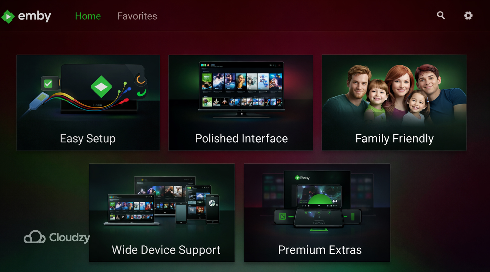 Feature Image 2026 03 28T165222.187 Emby UI tiles for Easy Setup and device support, shown as a self hosted plex alternative option.
