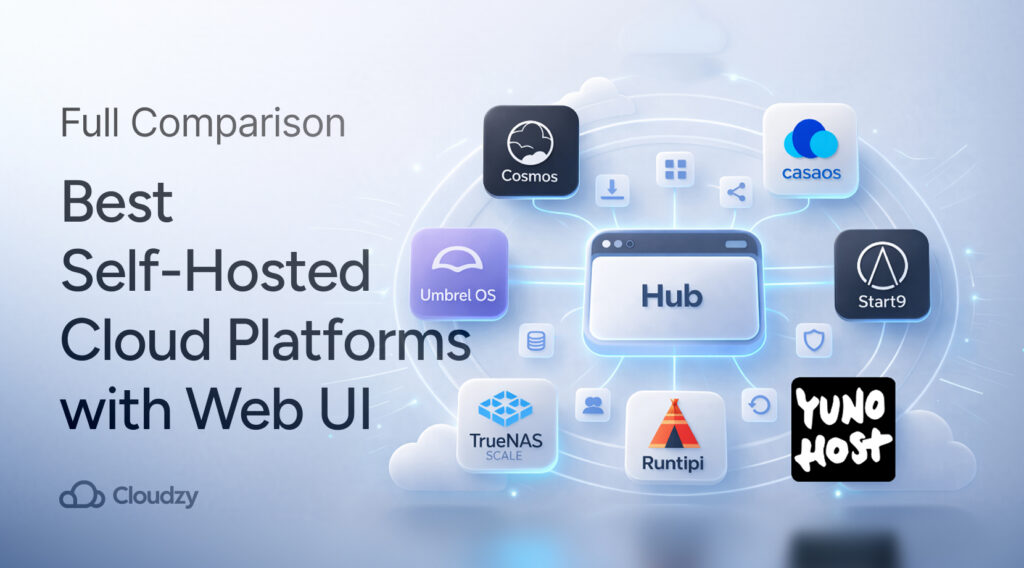 Best Self-Hosted Cloud Platforms with a Web UI title image with hub and platform icons like Umbrel, CasaOS, Start9, TrueNAS.