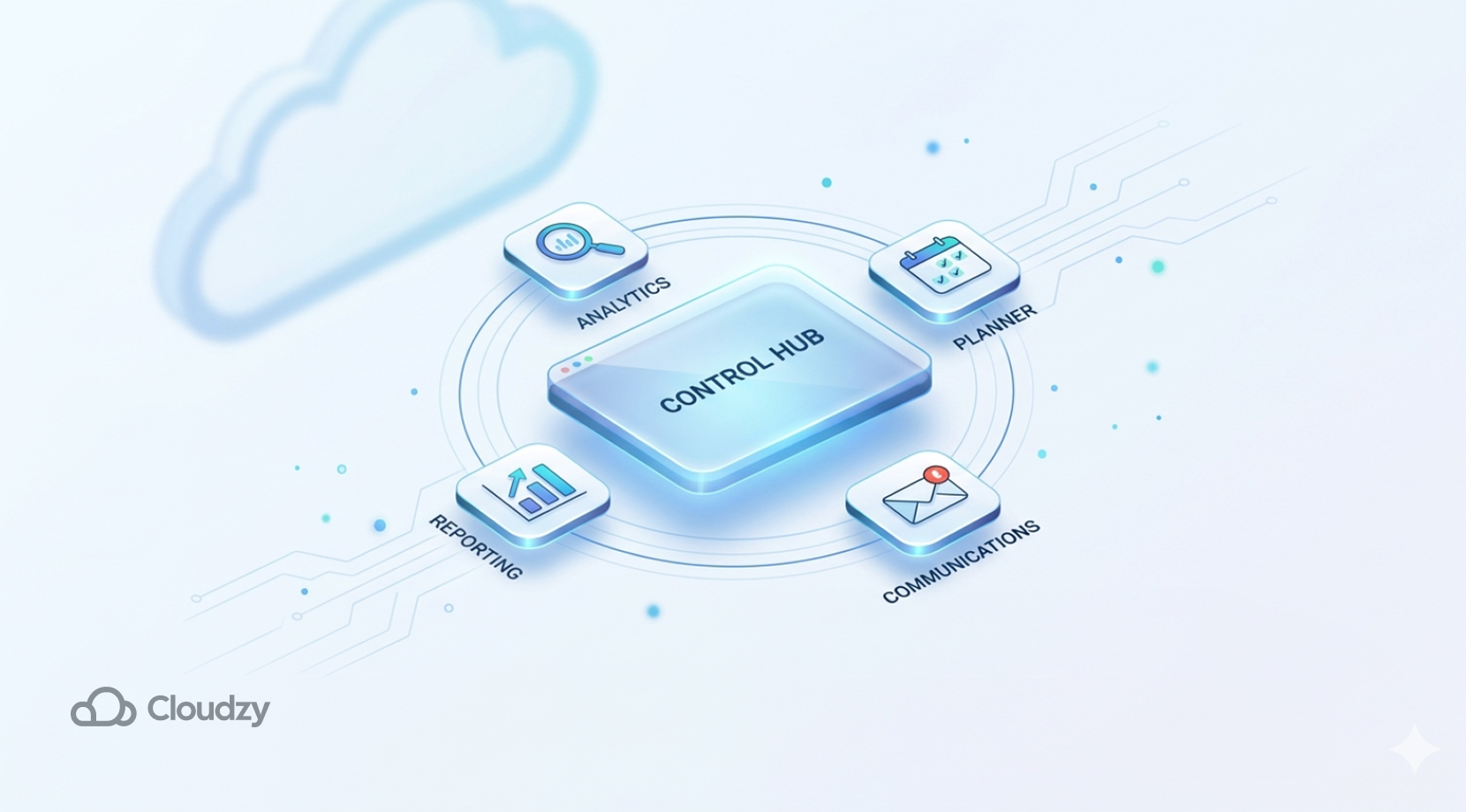 Best Self-Hosted Cloud Platforms with a Web UI control hub graphic with analytics, planner, reporting, and communications tiles.