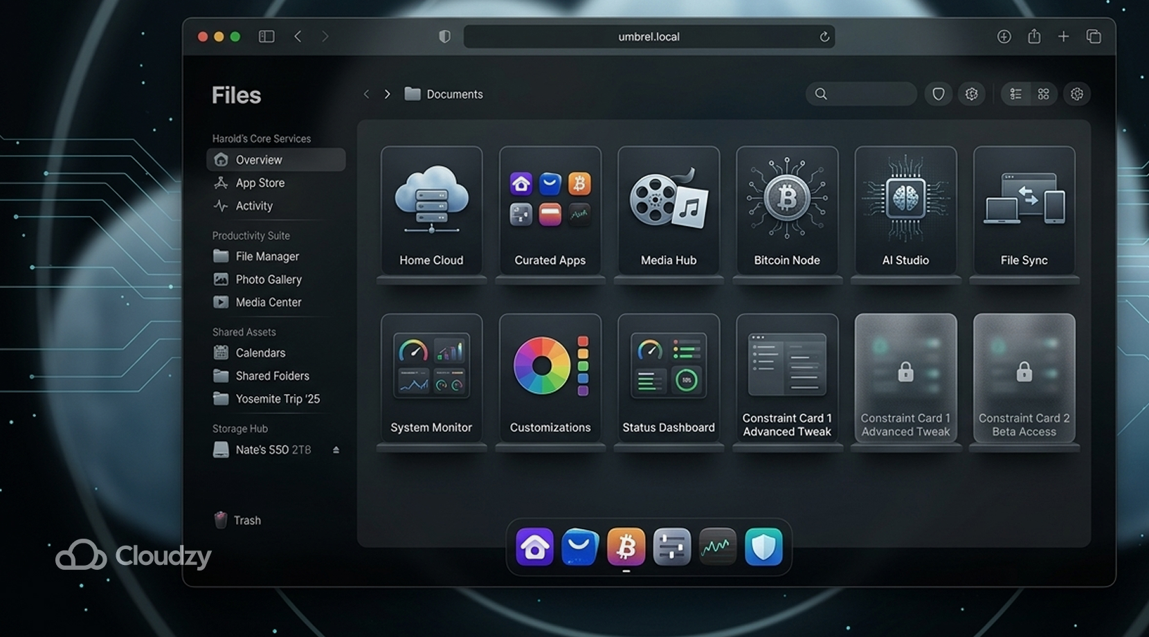 Best Self-Hosted Cloud Platforms with a Web UI, Umbrel OS dashboard with apps like media hub, AI studio, and file sync.
