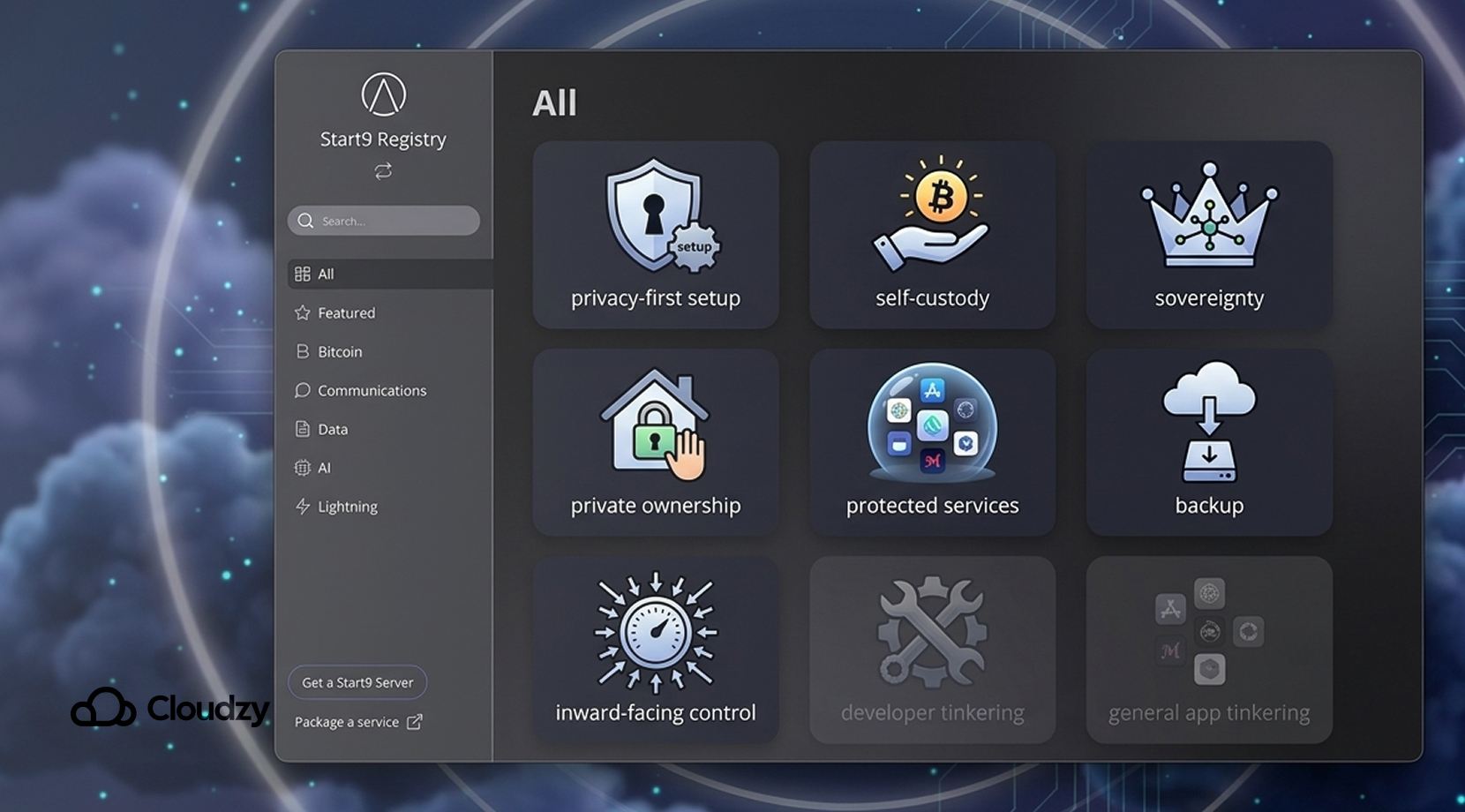 Best Self-Hosted Cloud Platforms with a Web UI, Start9 Registry screen showing privacy first setup, self custody, and backup.