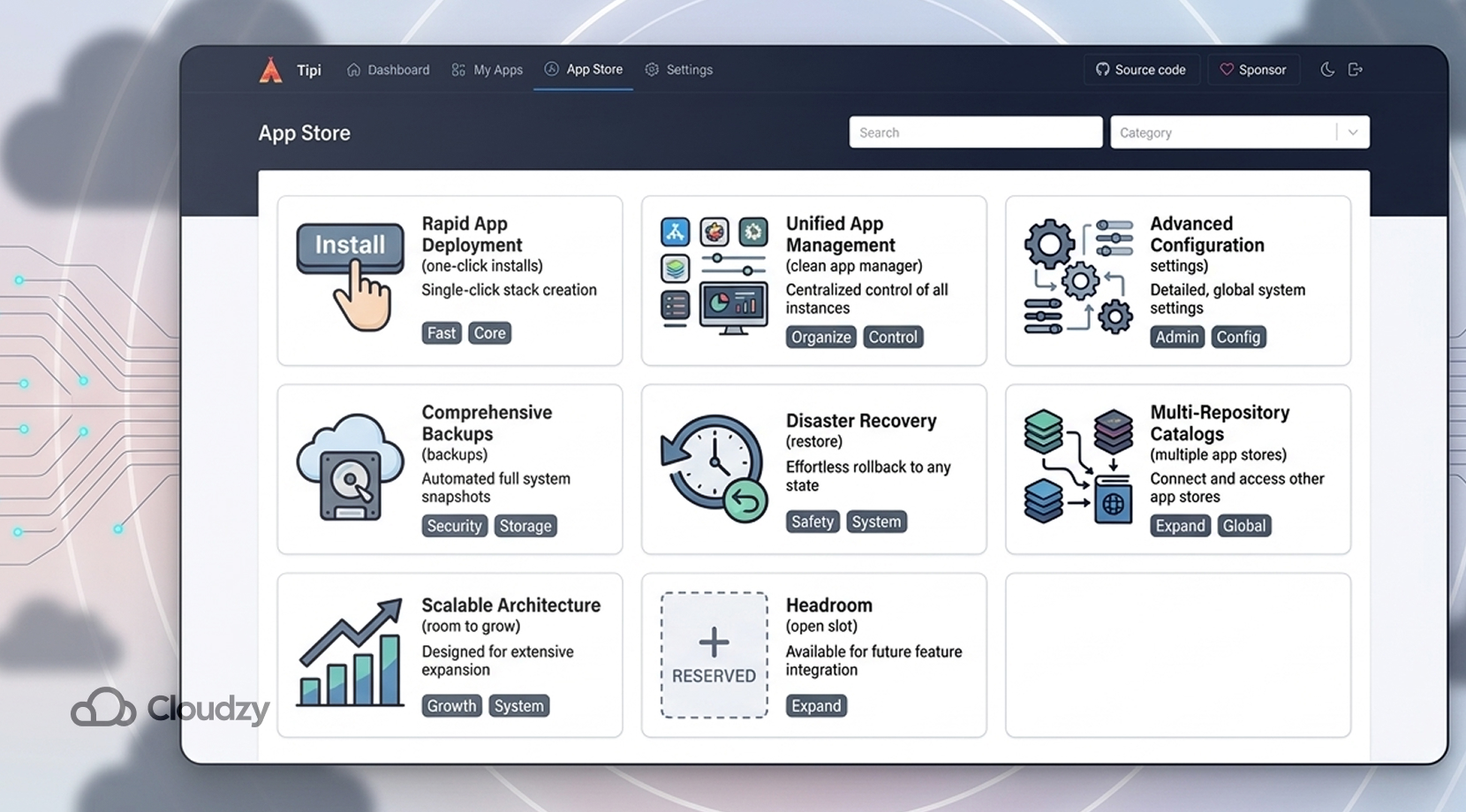 Best Self-Hosted Cloud Platforms with a Web UI, Runtipi App Store screen showing one click installs and backup options.