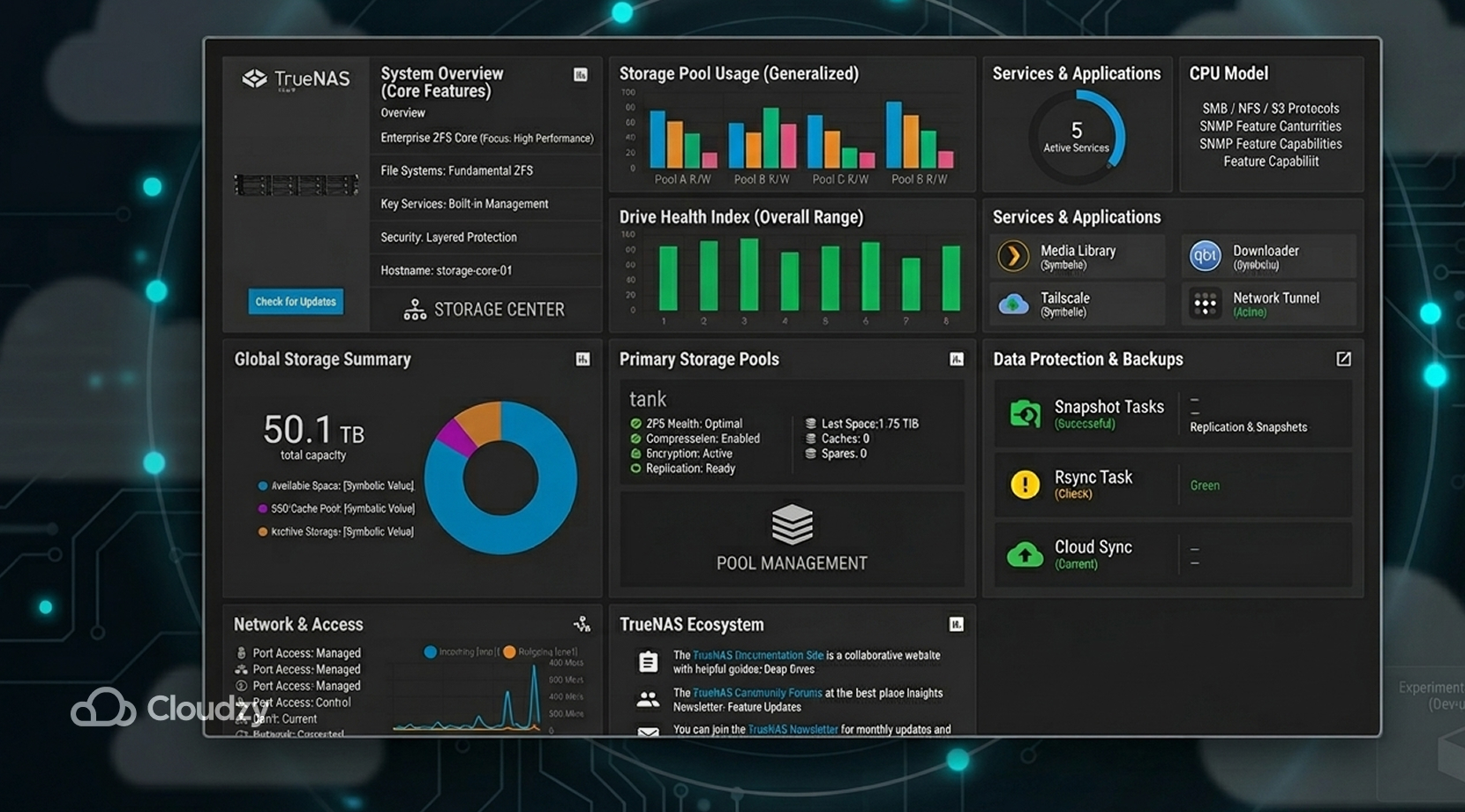 Best Self-Hosted Cloud Platforms with a Web UI, TrueNAS Scale analytics dashboard with storage pools, health charts, and backups.