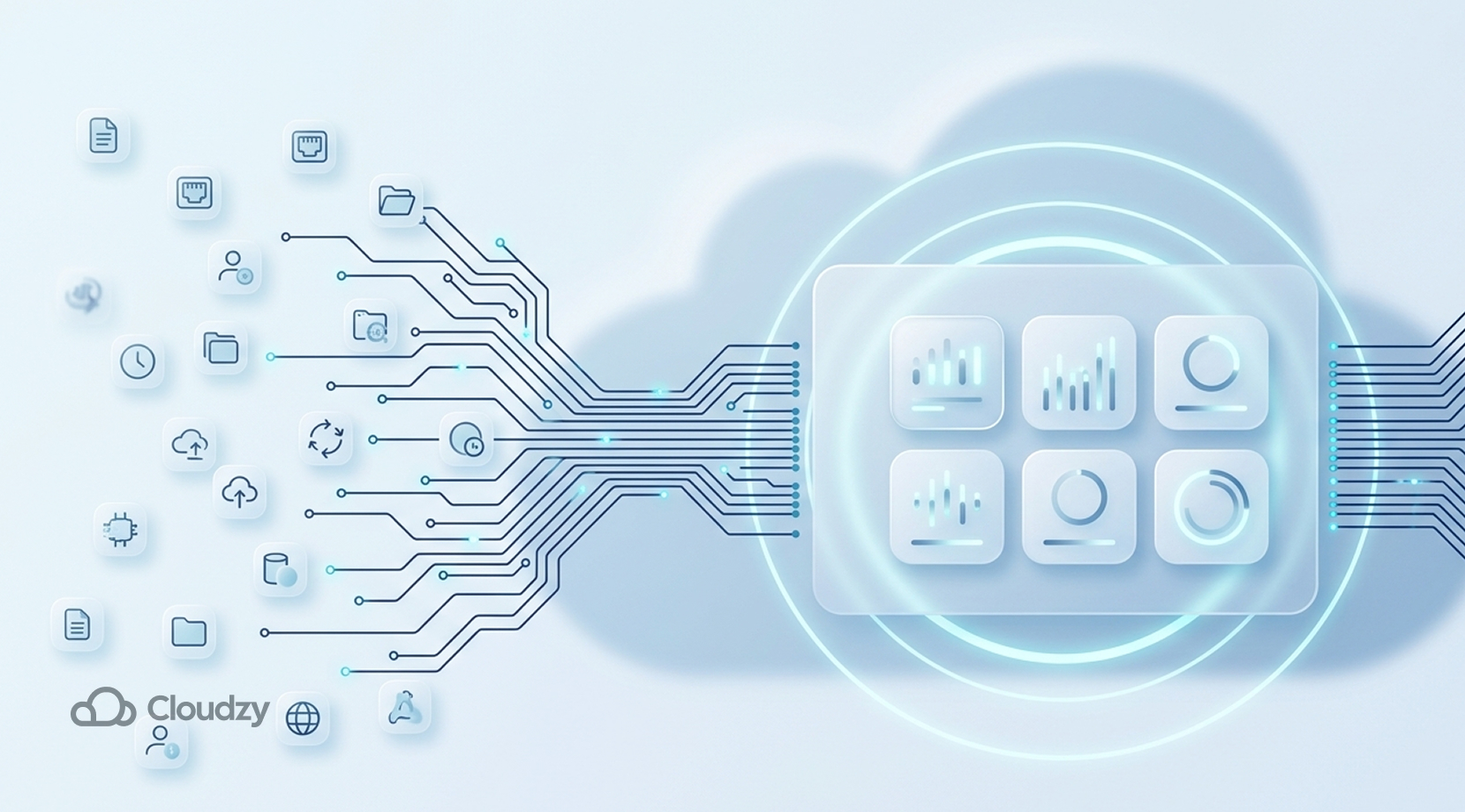 Best Self-Hosted Cloud Platforms with a Web UI abstract cloud hub with connected service icons and circuit lines.
