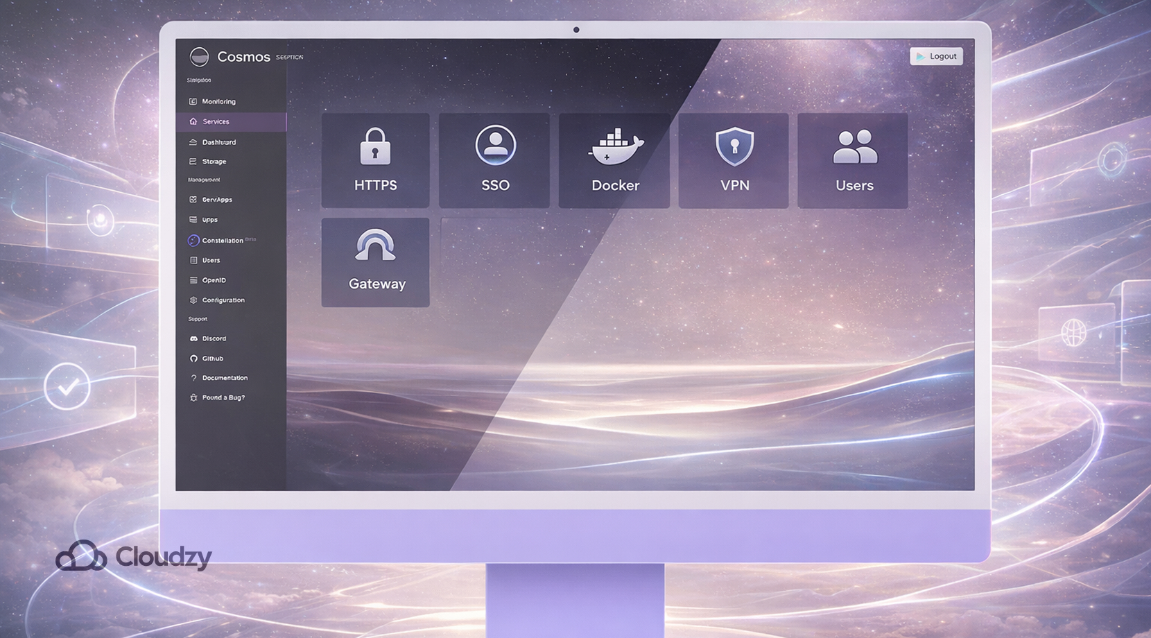 Feature Image 2026 04 04T180216.288 Cosmos Cloud dashboard on a monitor for Cosmos Cloud vs CasaOS vs Umbrel, showing HTTPS, SSO, Docker, VPN, Users, and Gateway tiles.
