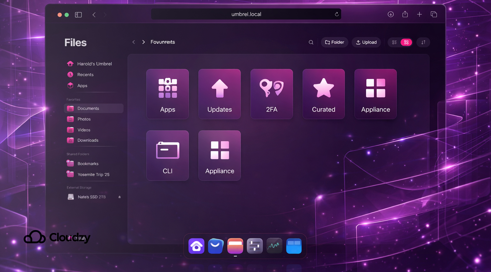 Feature Image 2026 04 04T180258.816 Umbrel OS dark UI screenshot for Cosmos Cloud vs CasaOS vs Umbrel, with tiles like Apps, Updates, 2FA, Curated, CLI, Appliance.