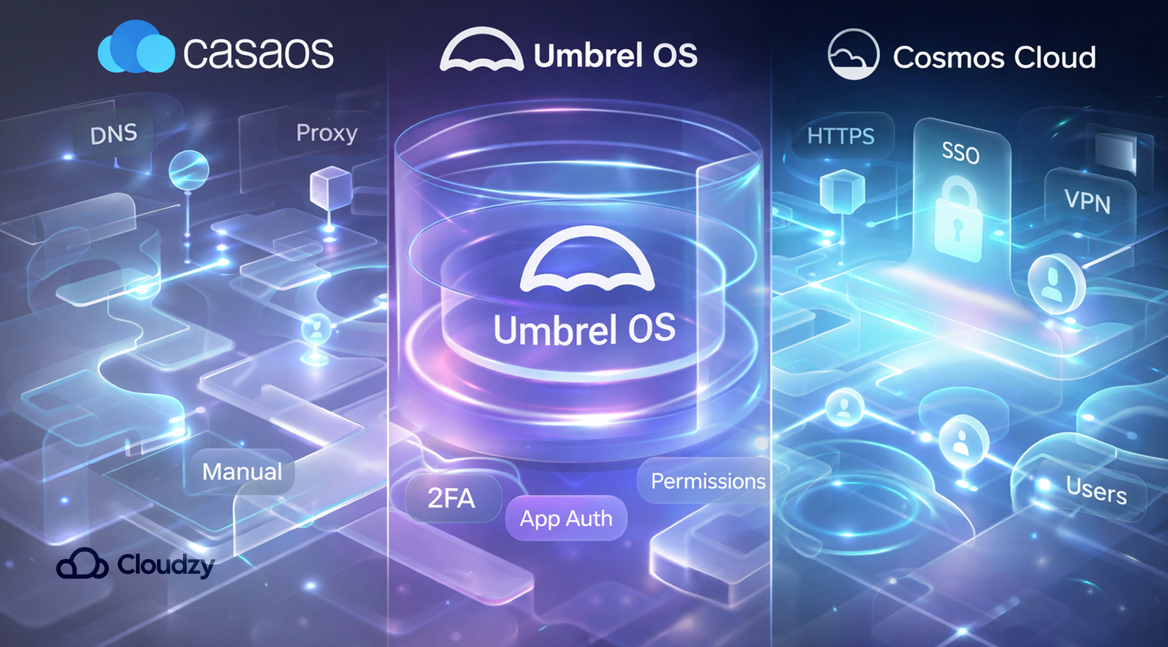 Feature Image 2026 04 04T180325.252 Cosmos Cloud vs CasaOS vs Umbrel comparison panel showing CasaOS manual DNS/proxy, Umbrel 2FA updates, and Cosmos HTTPS SSO VPN users.