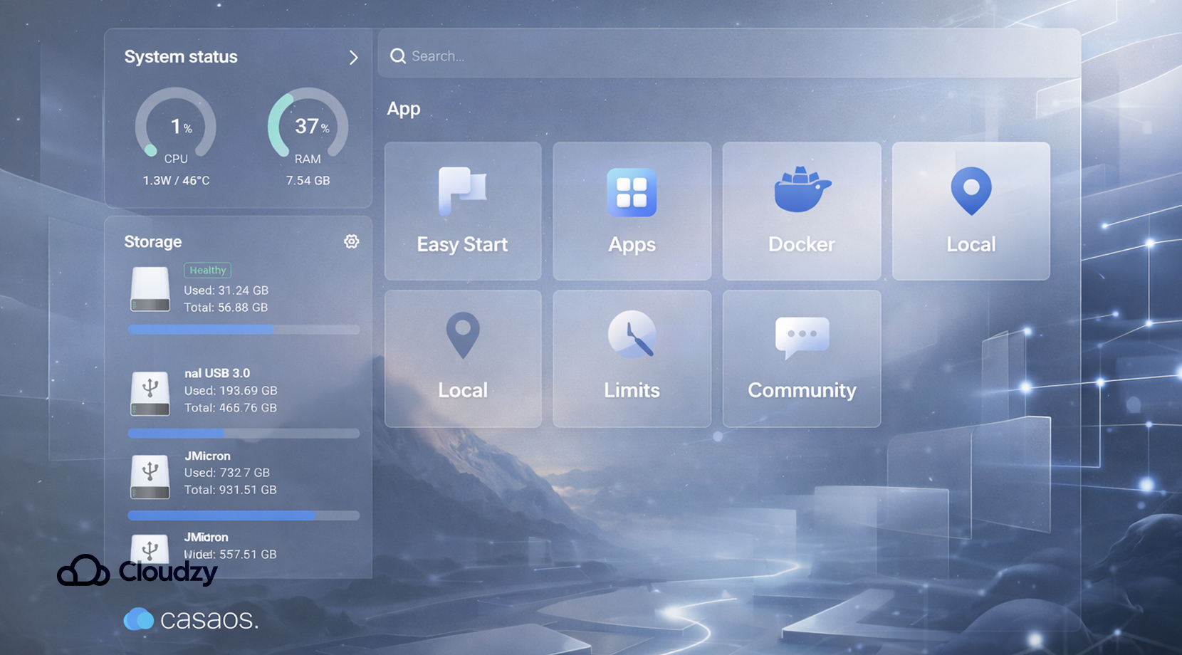 Feature Image 2026 04 04T180344.295 CasaOS dashboard UI screenshot for Cosmos Cloud vs CasaOS vs Umbrel comparison, with tiles like Easy Start, Apps, Docker, Local, Limits, Community.